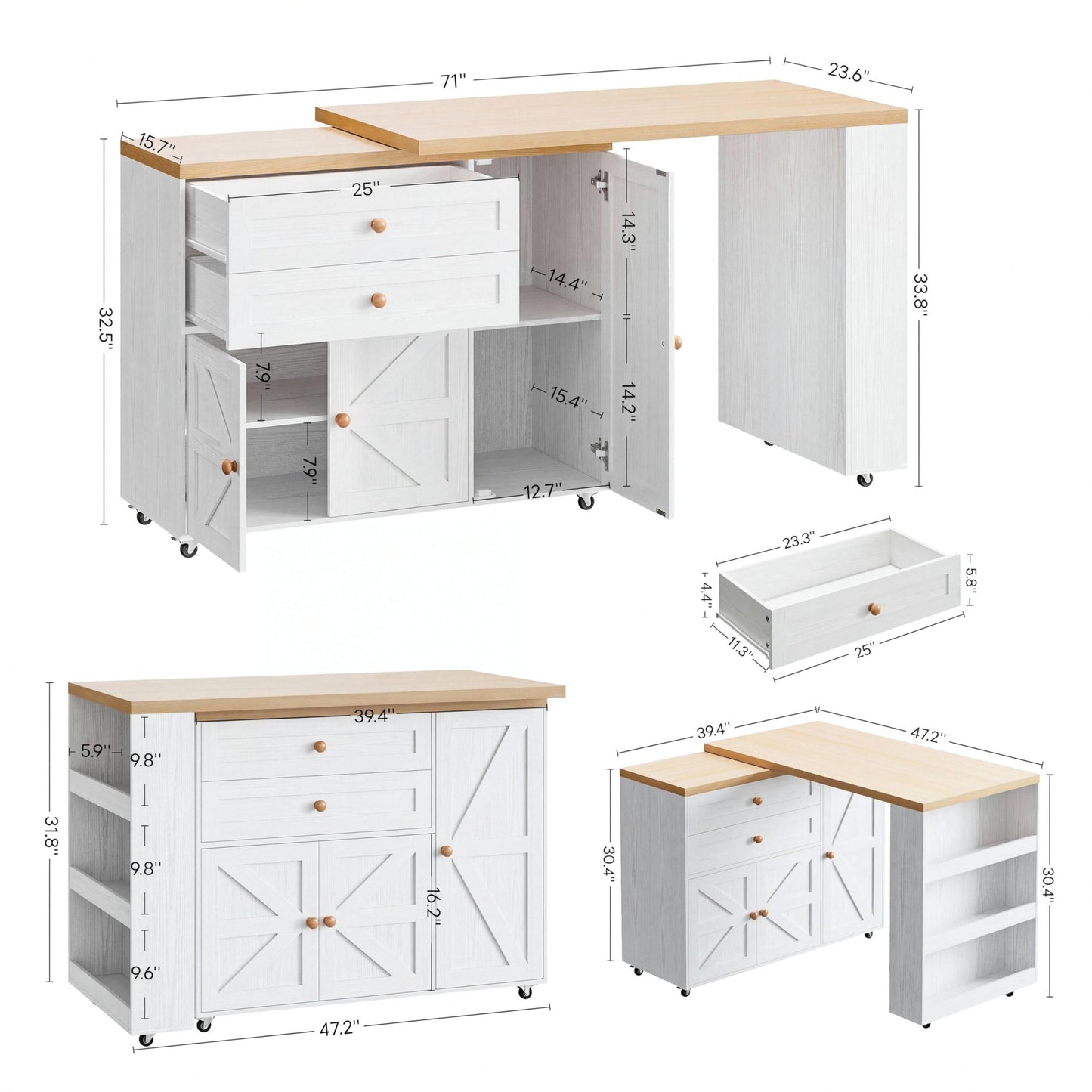 IRONCK Kitchen Island with 360° Swivel Table, Rolling Island with Storage, Kitchen Cart with Spacious Drawer, Storage Cabinets and Spice Rack for Home, Dining Room