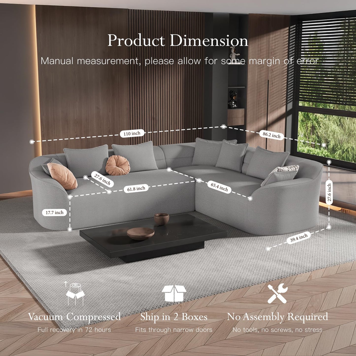 Vesgantti 110" Modern Curved Sectional Sofa, Oversized Chenille Cloud Couch for Living Room, Comfy Luxury L-Shaped Boneless Sofa with Extra Deep Seat, Tool-Free Assembly, Dark Grey