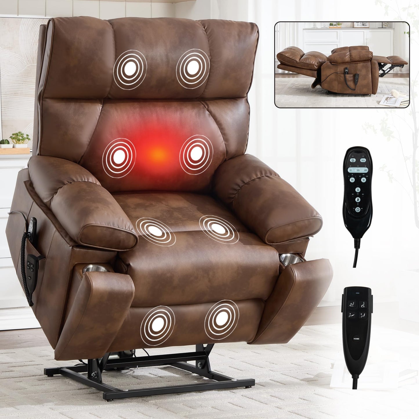 KEIKI Leatheraire Oversized Electric Power Lift Recliner Chair with Heat & Massage, Dual Motor, Infinite Positions, Hidden Cup Holders, Medium-Firm, Heavy Duty Up to 350 lbs, Light Brown