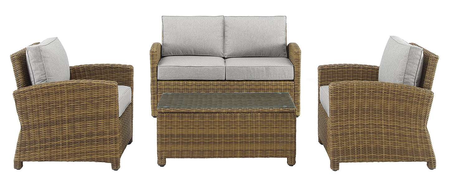Crosley Furniture Bradenton 4-Piece Outdoor Loveseat Patio Furniture Set, Wicker Conversation Sets for Porch, Brown with Gray Cushions