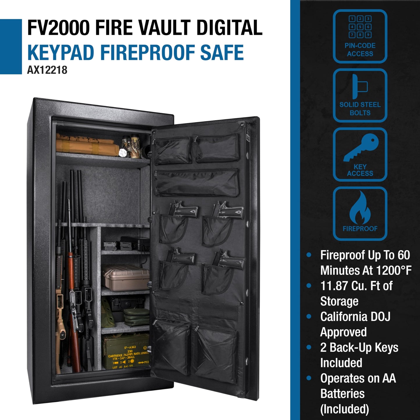 BARSKA Digital Keypad Fireproof Security Long Gun Safe Vault with Lock Out Mode, Silent Mode, Safe Alarm, Low Battery Warning - 11.87 Cu Ft Fire Safe - DOJ Approve - Gun Locker Safe Rifles and Pistols