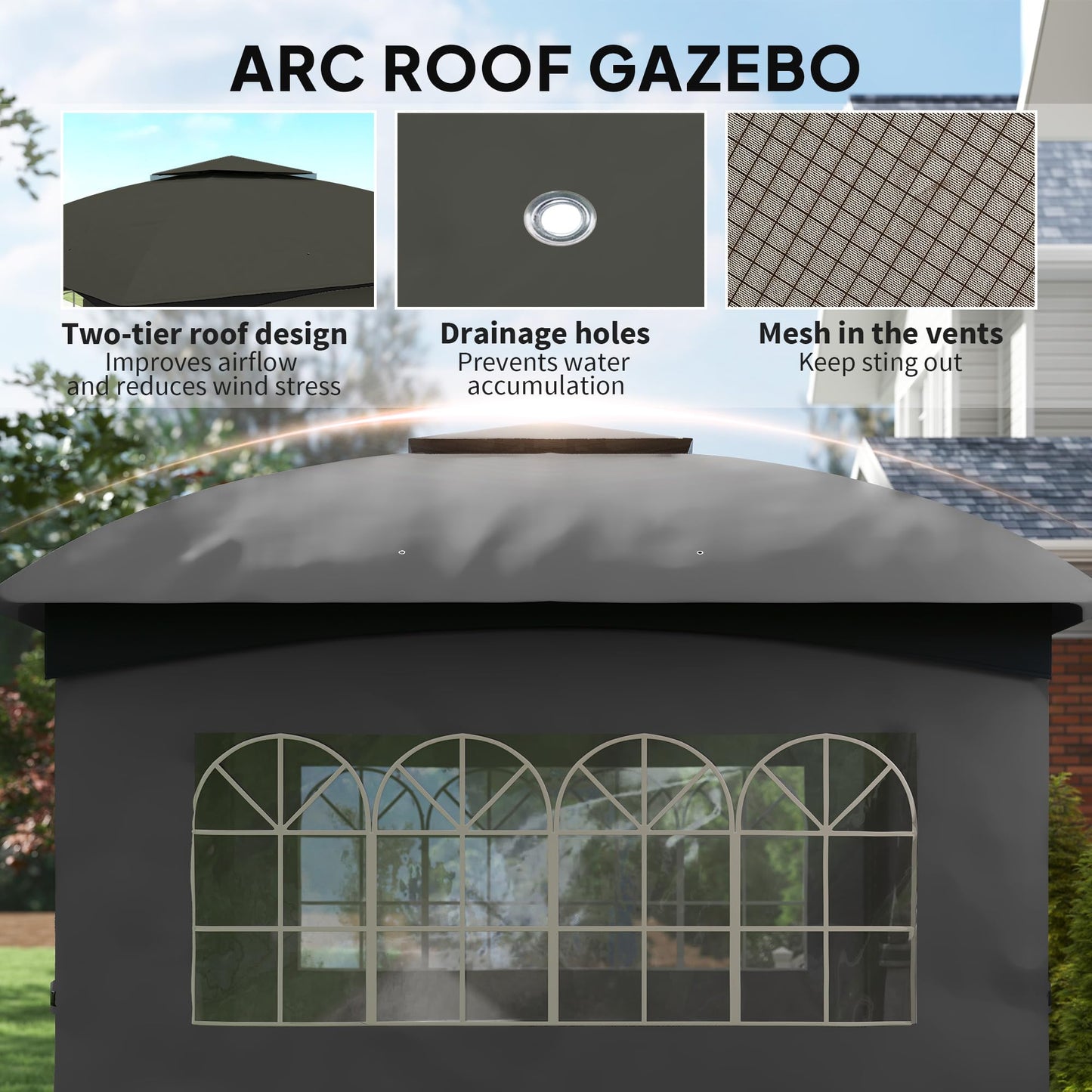 Outsunny 11' x 11' Outdoor Gazebo, Arc Patio Gazebo Canopy Shelter, UV Protected, with Curtains, Church Windows, Double Roof, Galvanized Steel Frame for Lawn, Backyard and Deck, Dark Gray