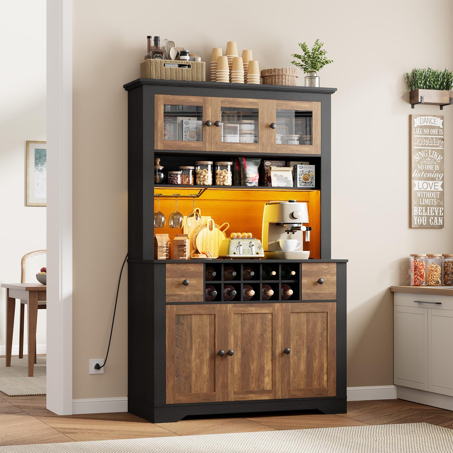68.7 " Pantry Cabinet with LED Light and Charging Station, Kitchen Pantry Storage Cabinet with Countertop, Large Kitchen Hutch with Wine Rack & Adjustable Shelves for Dining Room, Living Room