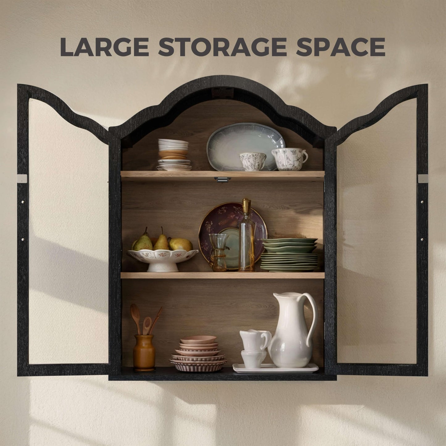 Laundry Wall Mounted Storage Cabinets with Adjustable Shelf,Glass Display Wall Cabinet with Tempered Glass Doors,Arched Wall Medicine Cabinet for Kitchen,Bathroom,Laundry room,Living Room,Black