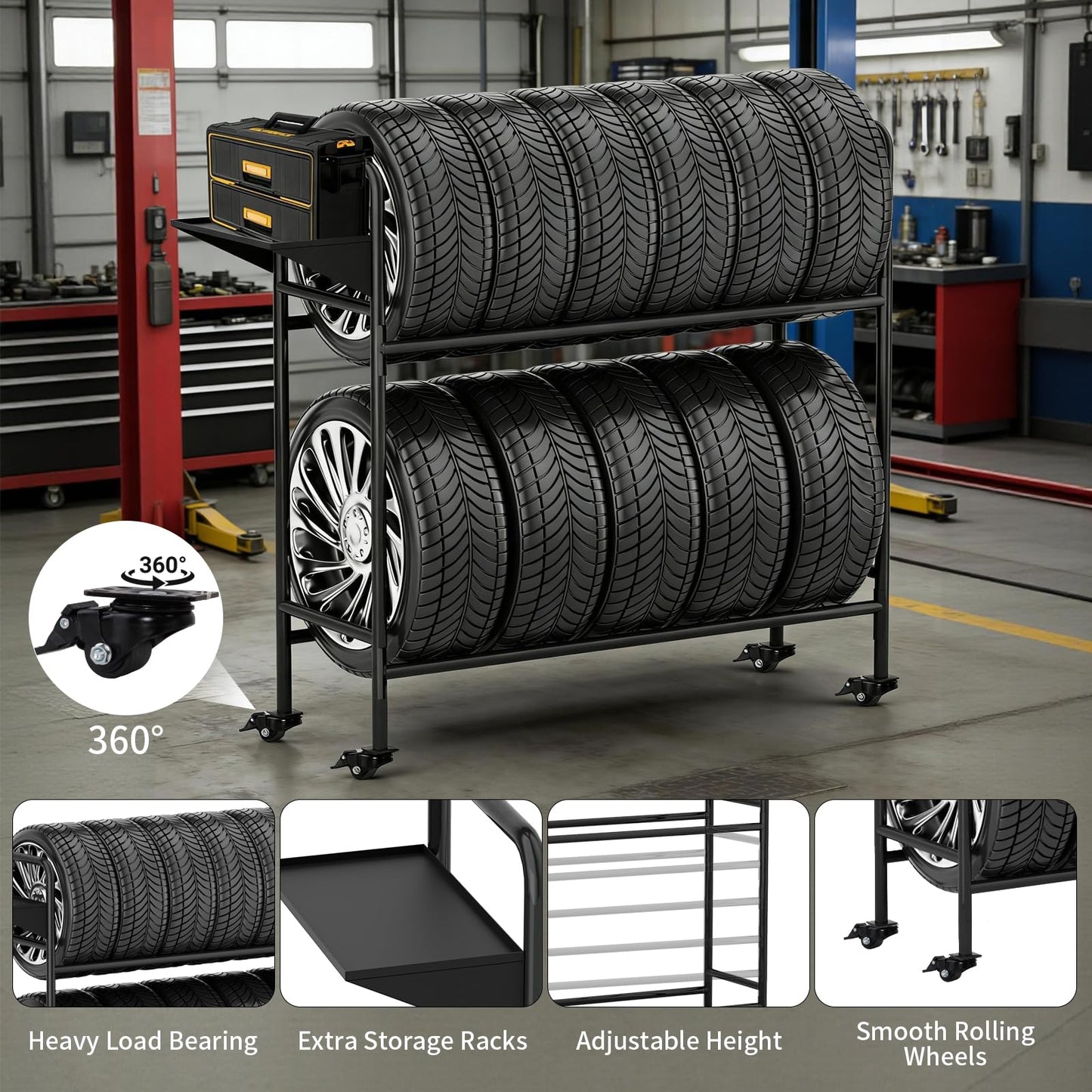 Vioranex Adjustable Rolling Tire Rack, Heavy-Duty Tire Storage Rack for Garage with 4 Self-Locking Casters, Foldable Hole Board, Metal, 59" H x 59" W