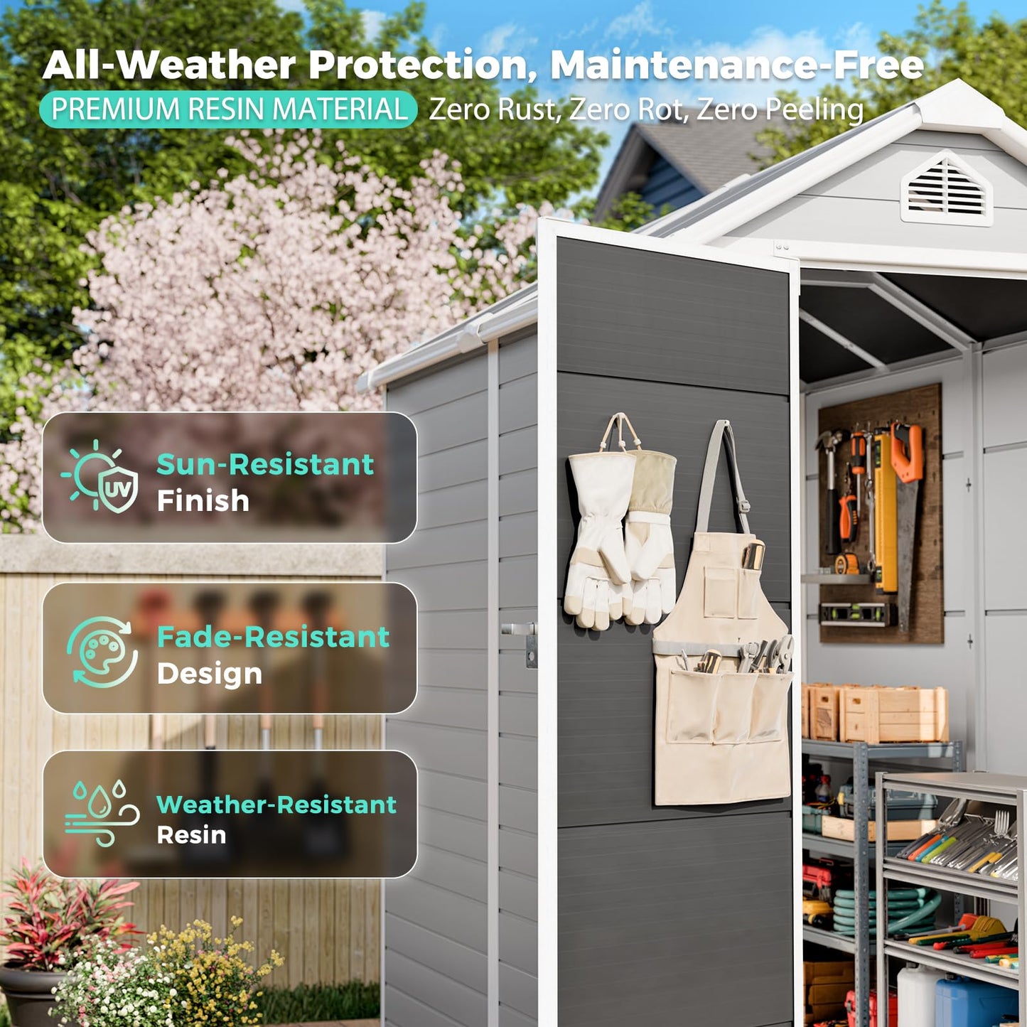 SENYUN 6x4 FT Resin Storage Shed with Floor, Lockable Doors and Window, Outdoor Garden Shed for Backyard, Patio, Lawn, Plastic Shed for Bike, Tools, Grey