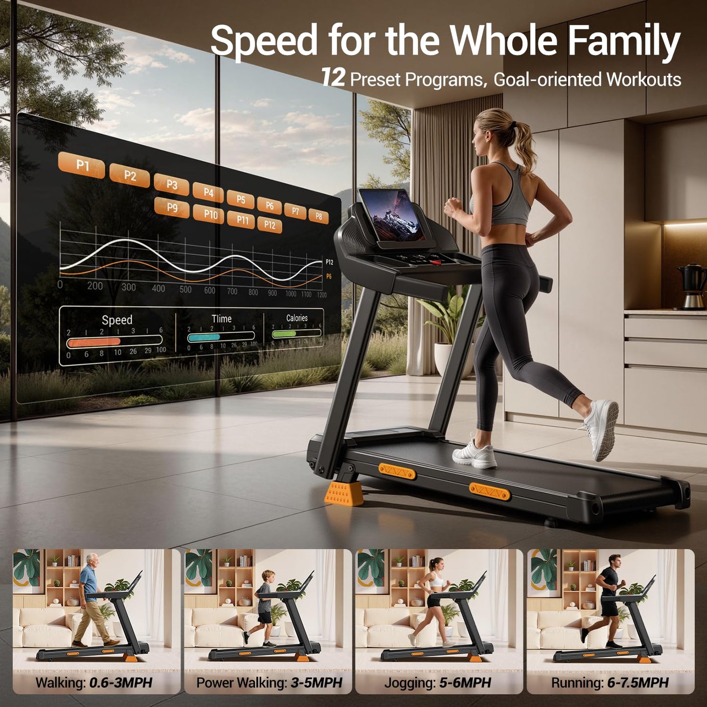 16% Treadmills for Home with Handle, 3 in 1 Portable Treadmill with Incline, Foldable Treadmill with Three Screen, 12 Preset Programs, 400LBS