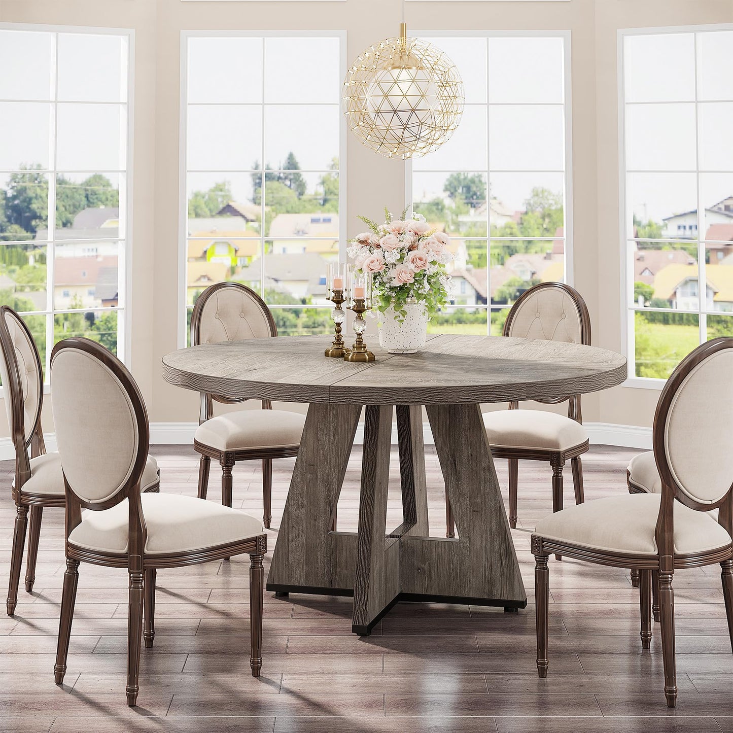 Tribesigns 47 inch Round Dining Table Wood Kitchen Table for Dining Room, 47" Dinner Room Tables for 4-6, Farmhouse Accent Furniture with Wooden Tabletop and Cross Base, Rustic Grey