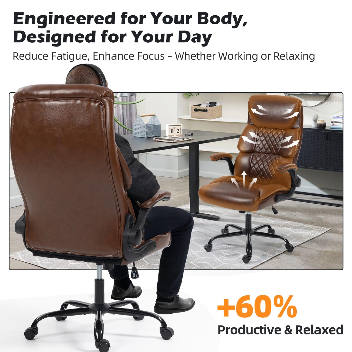 Office Chair - Ergonomic High Back Computer Desk Chair with Rocking Function & Lumbar Support - Executive Comfortable Wide Swivel Rolling Office Leather Chair with Flip-up Armrests for Home Gaming