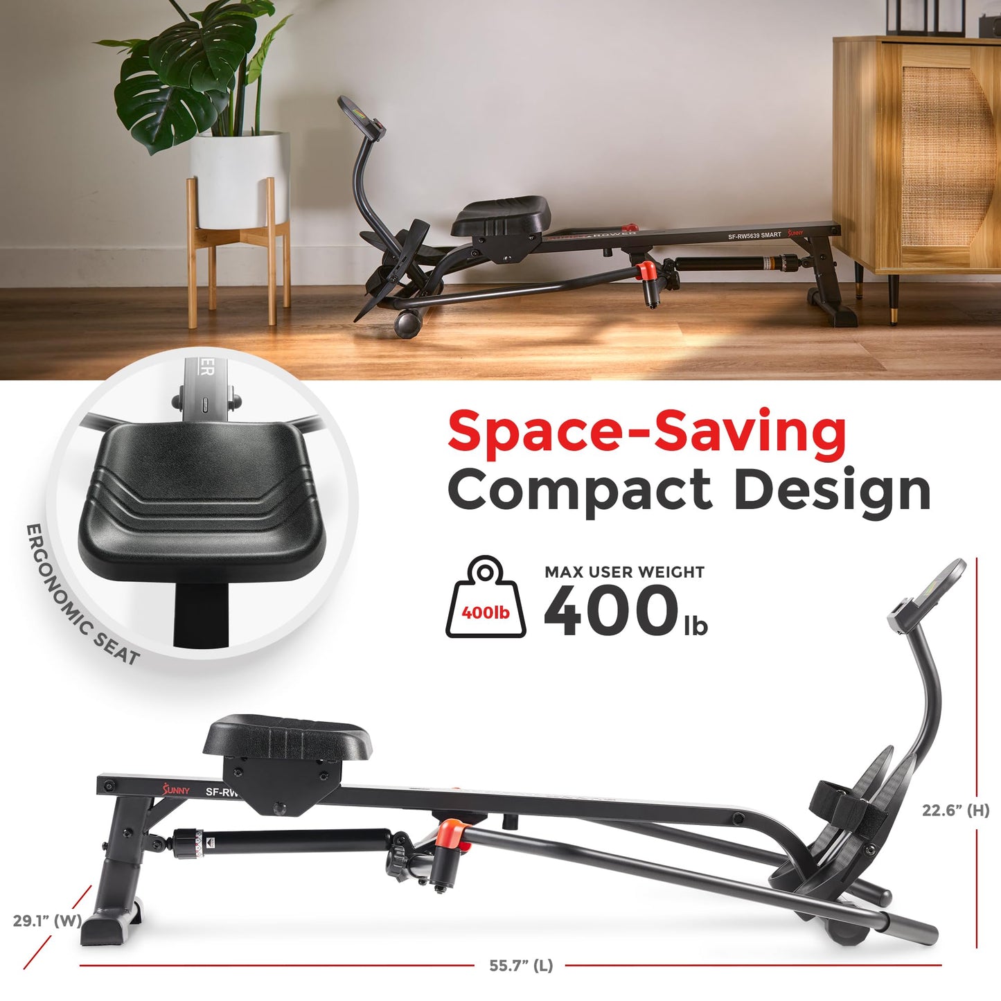 Sunny Health & Fitness Smart Compact Full Motion Rowing Machine, Full-Body Workout, Extra-Long Rail, 400 LB Weight Capacity and Free SunnyFit® App Enhanced Bluetooth Connectivity SF-RW5639SMART