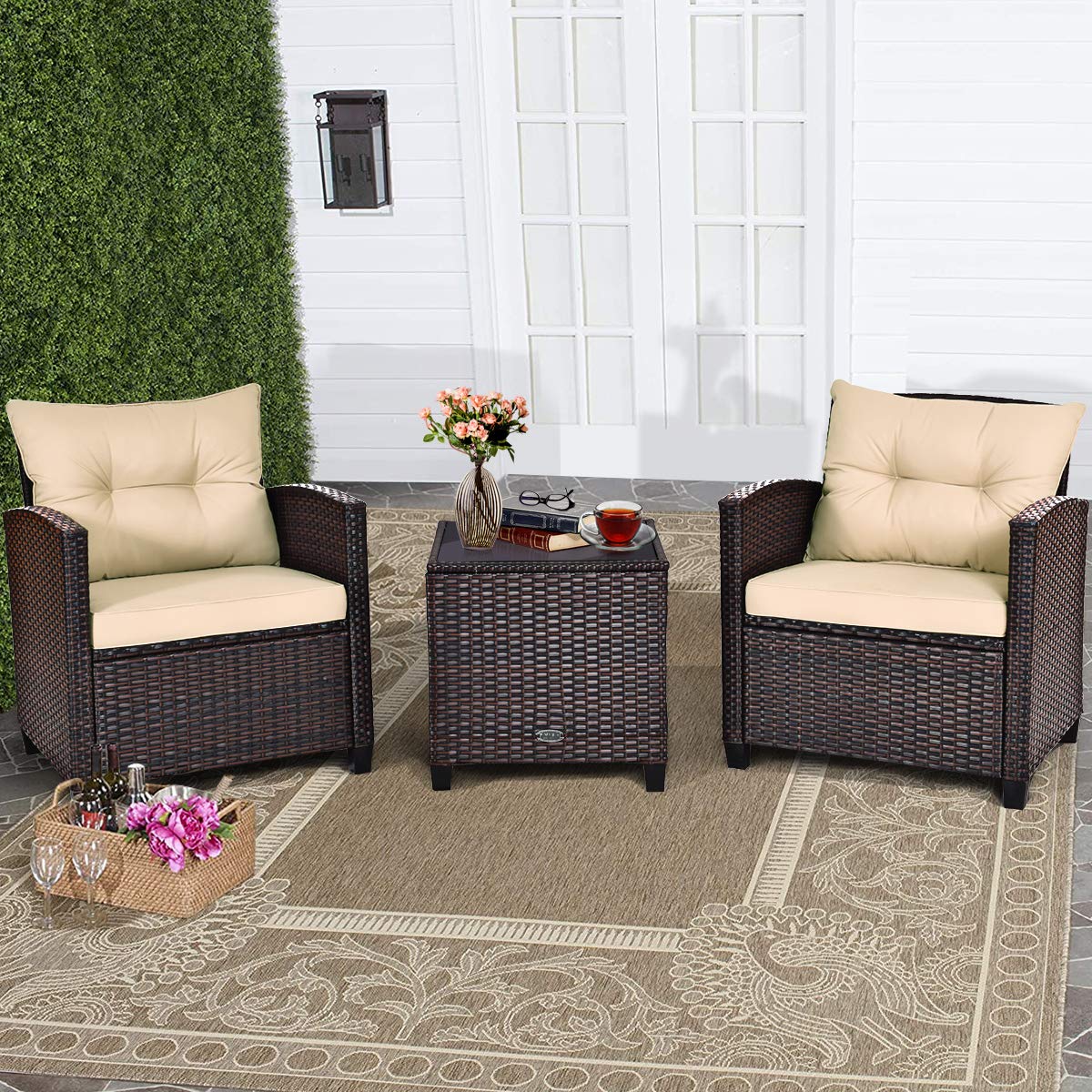 COSTWAY 3PCS Patio Furniture Set, PE Rattan Wicker Sofa w/Washable Cushion and Coffee Table, Tempered Glass Tabletop, Outdoor Conversation Set for Balcony, Porch, Yard, Backyard, Lawn, Beige