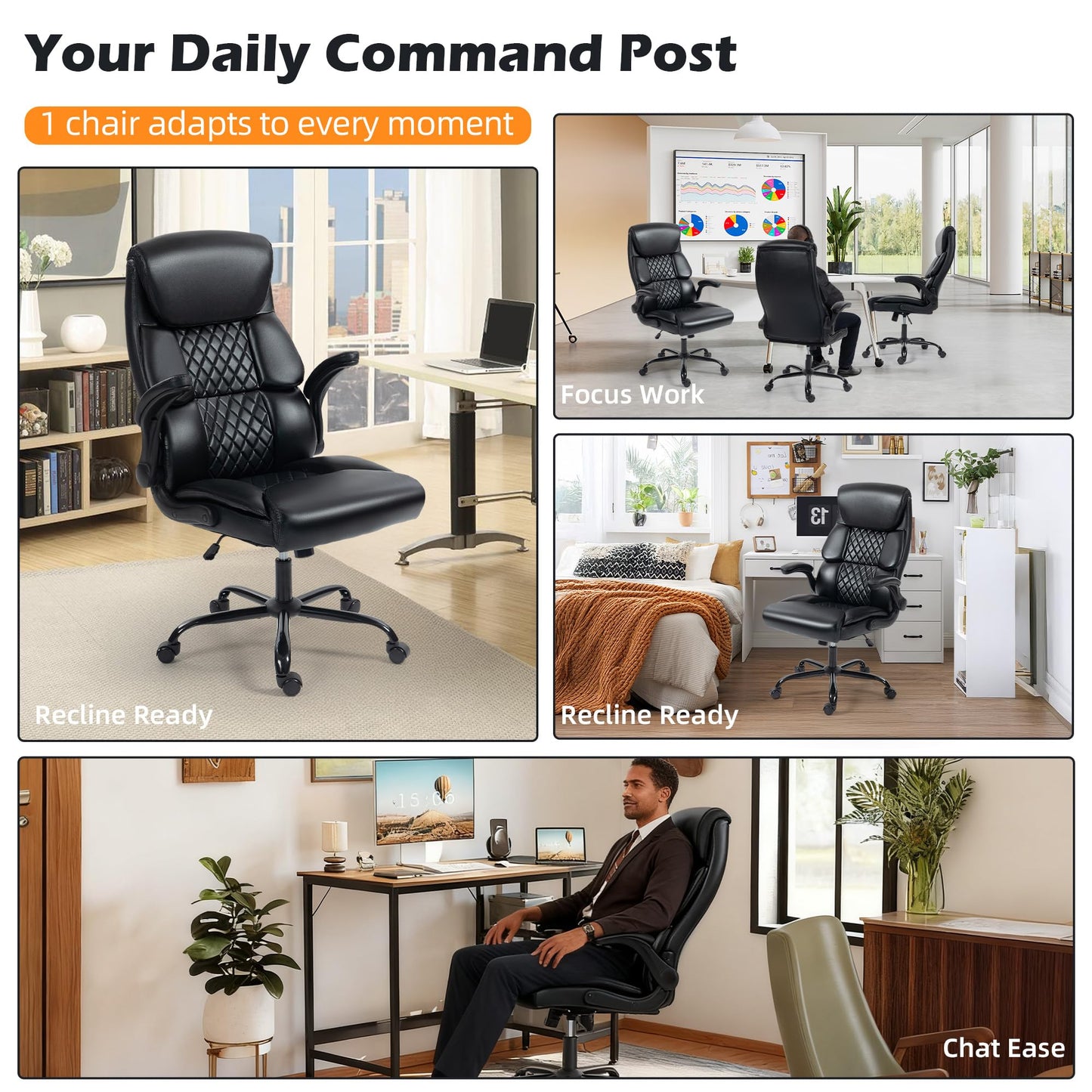 Office Chair - Ergonomic High Back Computer Desk Chair with Rocking Function & Lumbar Support - Executive Comfortable Wide Swivel Rolling Office Leather Chair with Flip-up Armrests for Home Gaming
