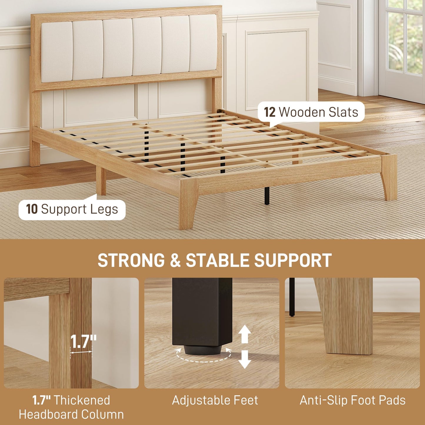HOMCOM Full Size Bed Frame with Upholstered Headboard, Platform Bed Frame with Wooden Slats, No Box Spring Needed, Easy Assembly, Natural