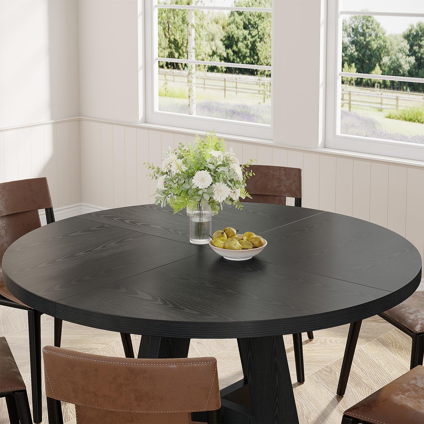 Tribesigns 47 inch Round Dining Table Wood Kitchen Table for Dining Room, 47" Dinner Room Tables for 4-6, Farmhouse Accent Furniture with Wooden Tabletop and Cross Base, Black