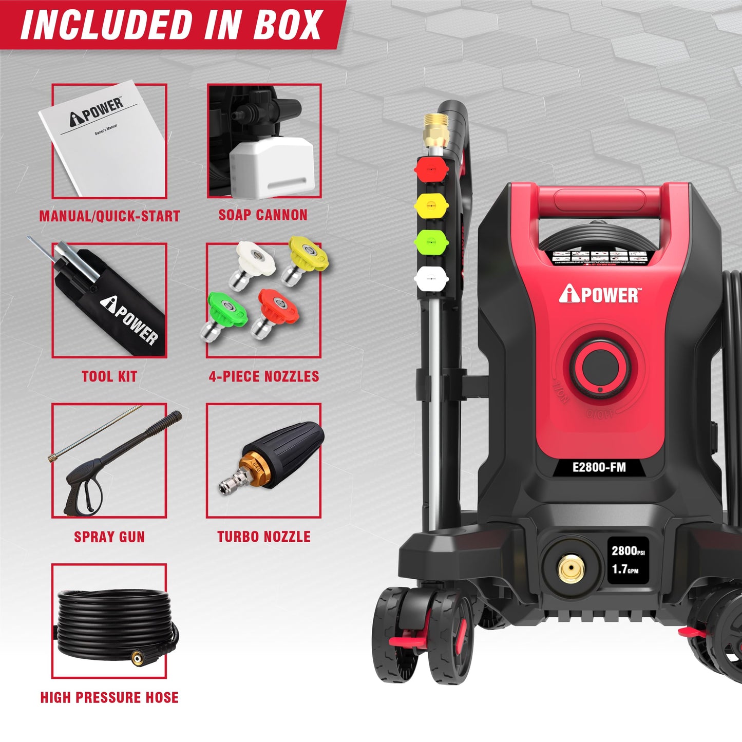 A-iPower Follow Me Electric Pressure Washer 2800 Max PSI 1.7 GPM Anti-Tipping Design with 5 Nozzles, Soap Dispense for Fences, Driveways, Patios, Cars, Home Cleaning, E2800-FM, Red