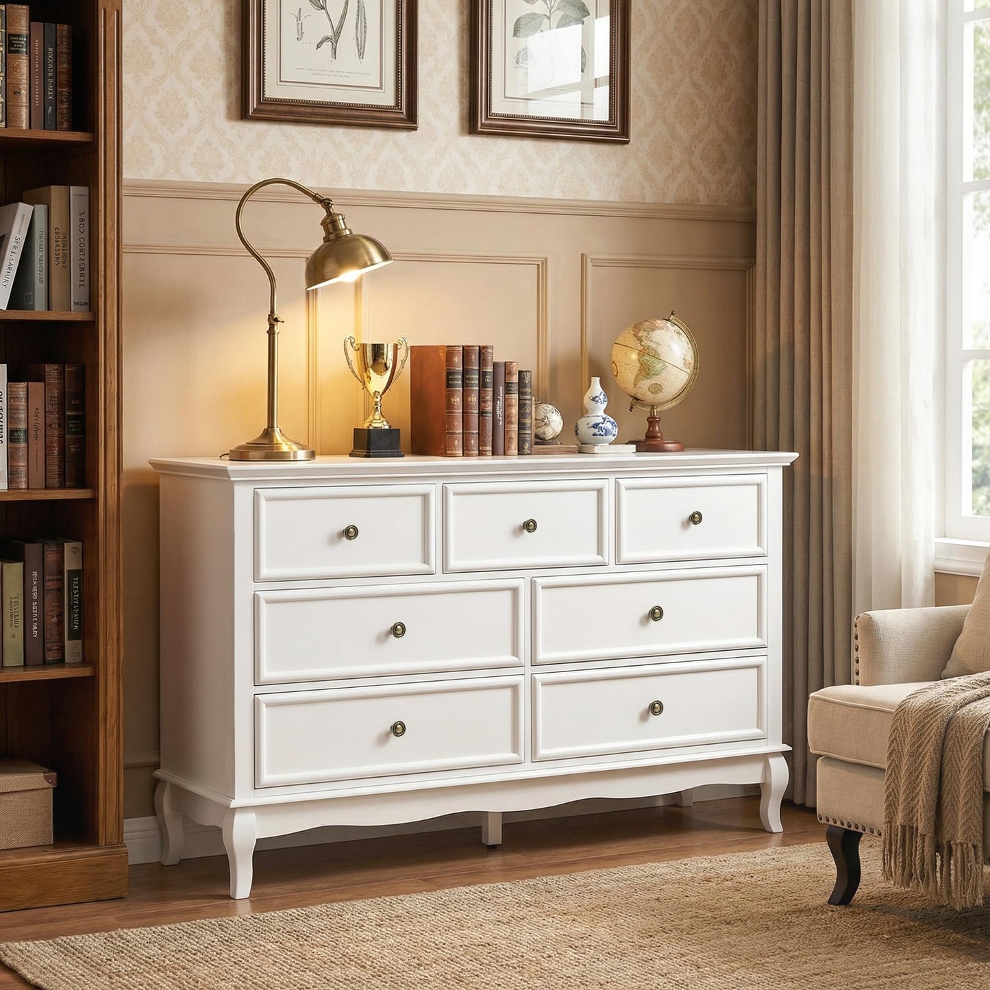 RoyalCraft 53" Wide 7 Drawer Dresser, White Dresser for Bedroom, Modern White Chest of Drawers with Solid Wood Legs and Painted Finish, Wooden Storage Closet Cabinet Organizer for Hallway, Living Room