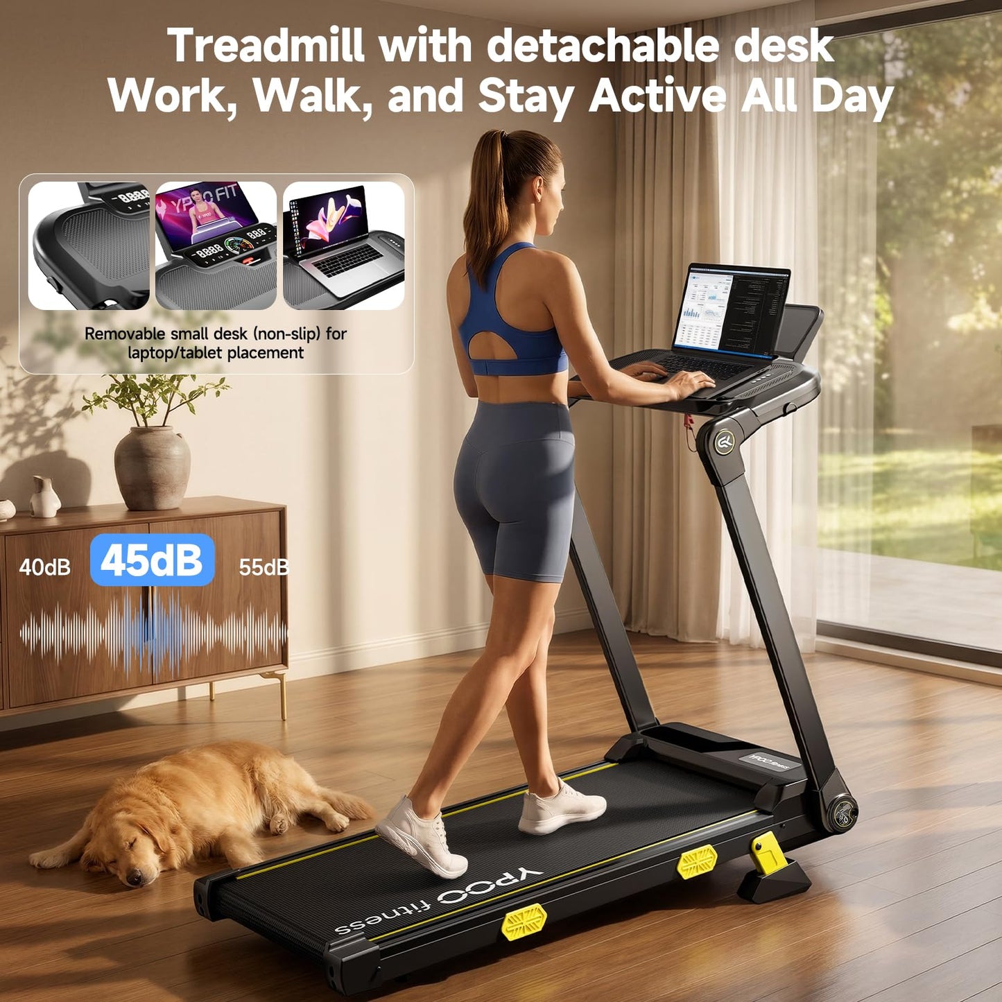 YPOO T7 Walking Pad Treadmill with Desk and Incline, 0.6-7.5 MPH Portable Treadmill, 4 in 1 Foldable Treadmill for Home Office, 350 LBS, 3.5HP, APP and Remote Control, Dark Black