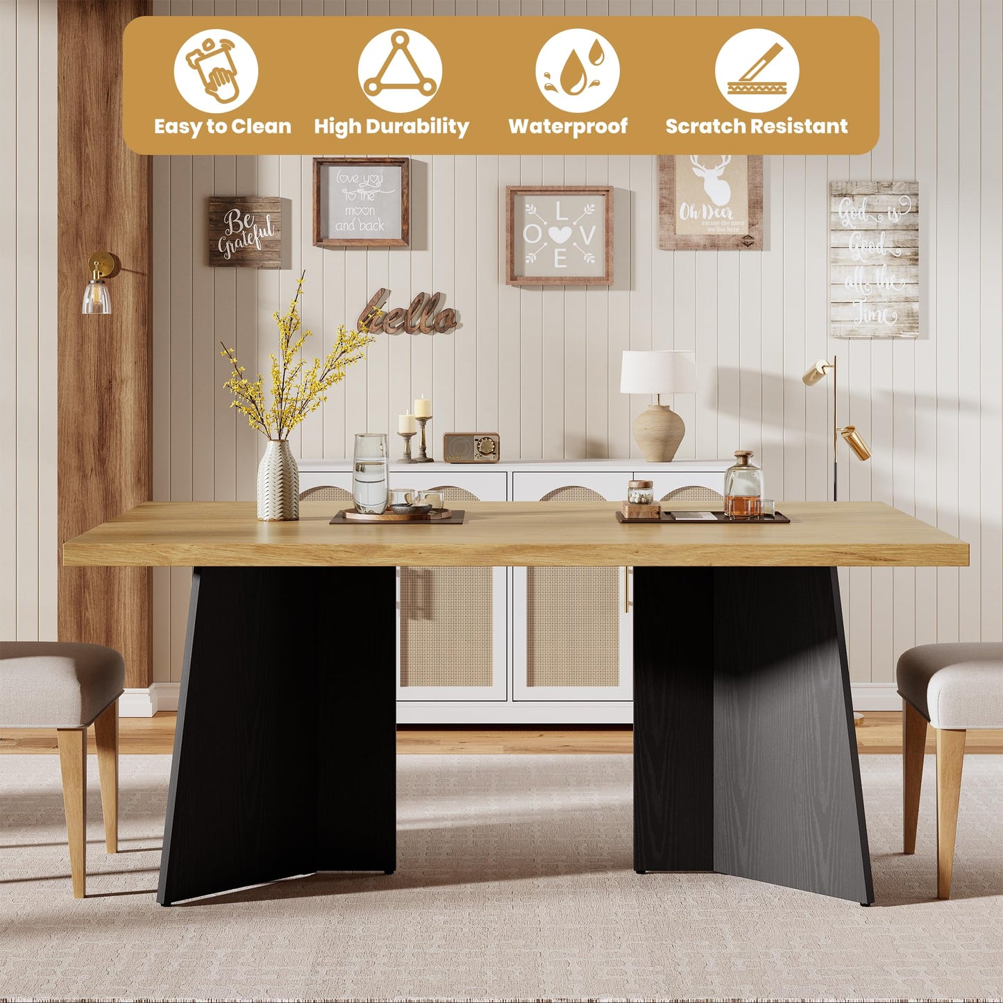 GarveeHome Dining Table for 6-8 People - 63" Modern Long Kitchen Table with Large Tabletop & Heavy Duty Pedestal Legs, Dinner Table for Kitchen, Conference Room, Home, Natural & Black