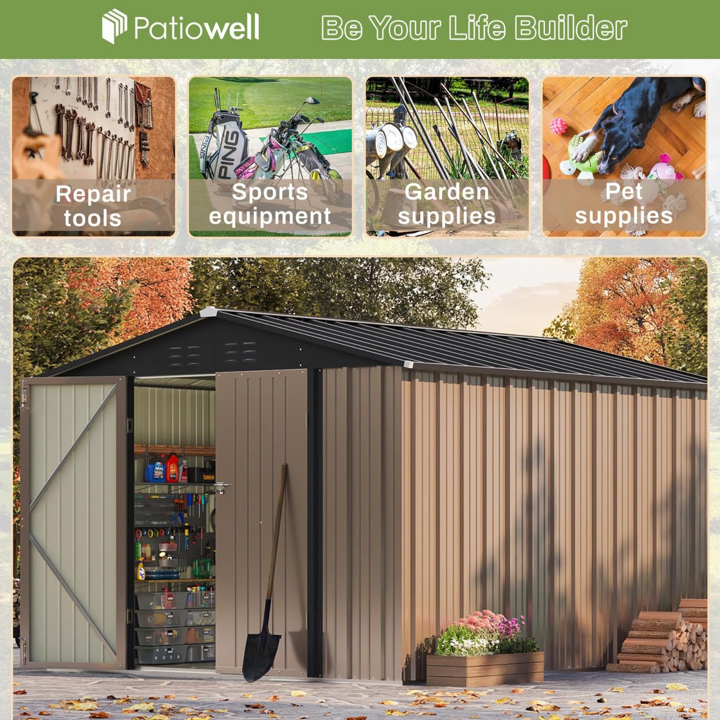 Patiowell 8x10 FT Outdoor Storage Shed, Large Garden Tool Metal Shed with Sloping Roof and Lockable Door, Outside Sheds for Backyard Patio Lawn, Brown