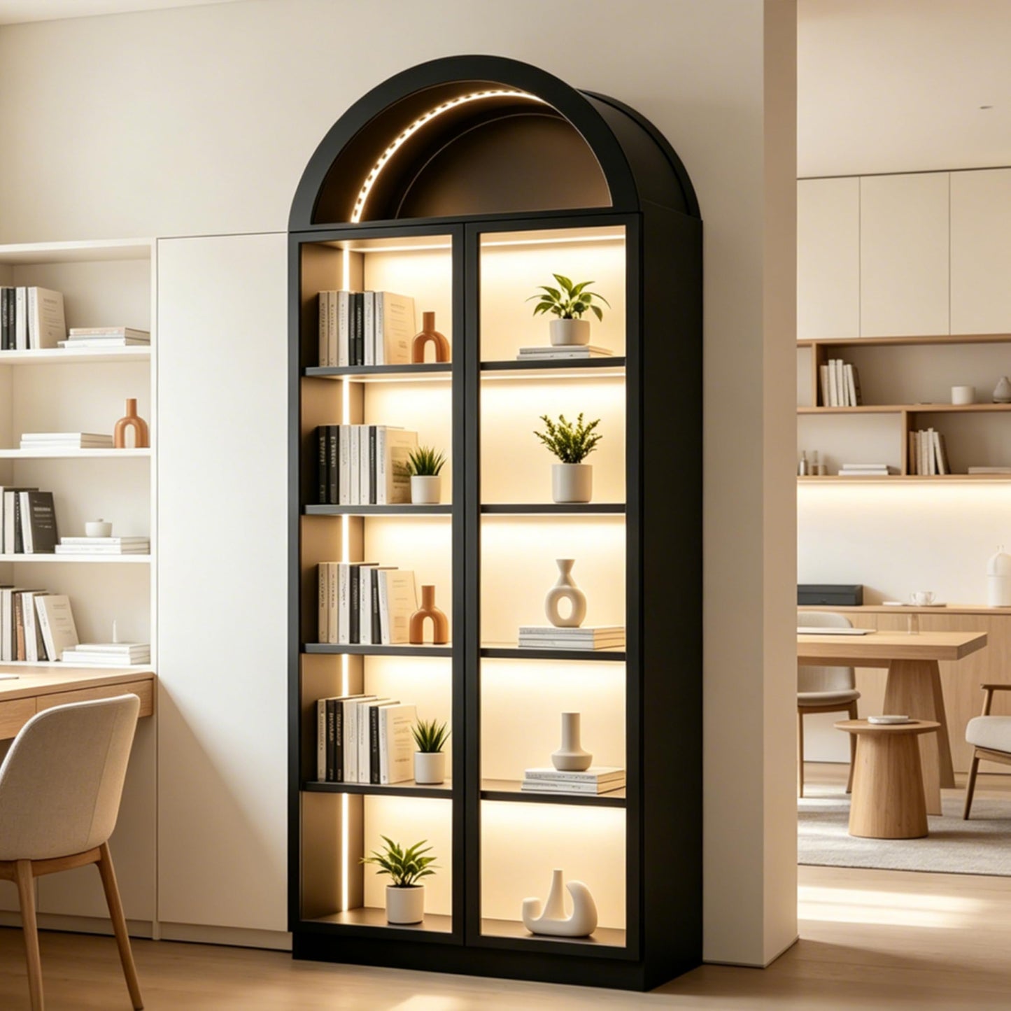 Wildhome Wooden Curio Cabinet with Acrylic Glass Door,77" Tall Arch Display Cabinet & Perfume Organizer with LED Light,Showcase for Collections,Perfume,Vinyl Albums,Bookcase (Arched top-Black, Large)