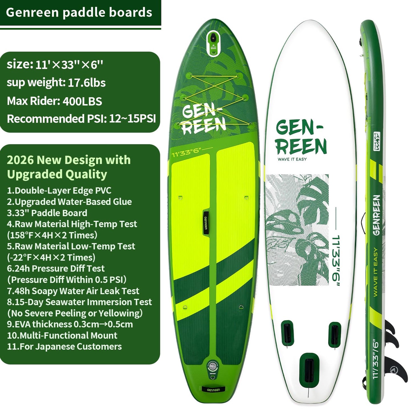Genreen Inflatable Stand Up Paddle Board 11'33"6" 400LBS Capacity with 0.5cm EVA Deck, 3 Fins, Quality Inspection5 for Japanese Customers Ultra Stable Paddleboard (Monstera Lawn Green)