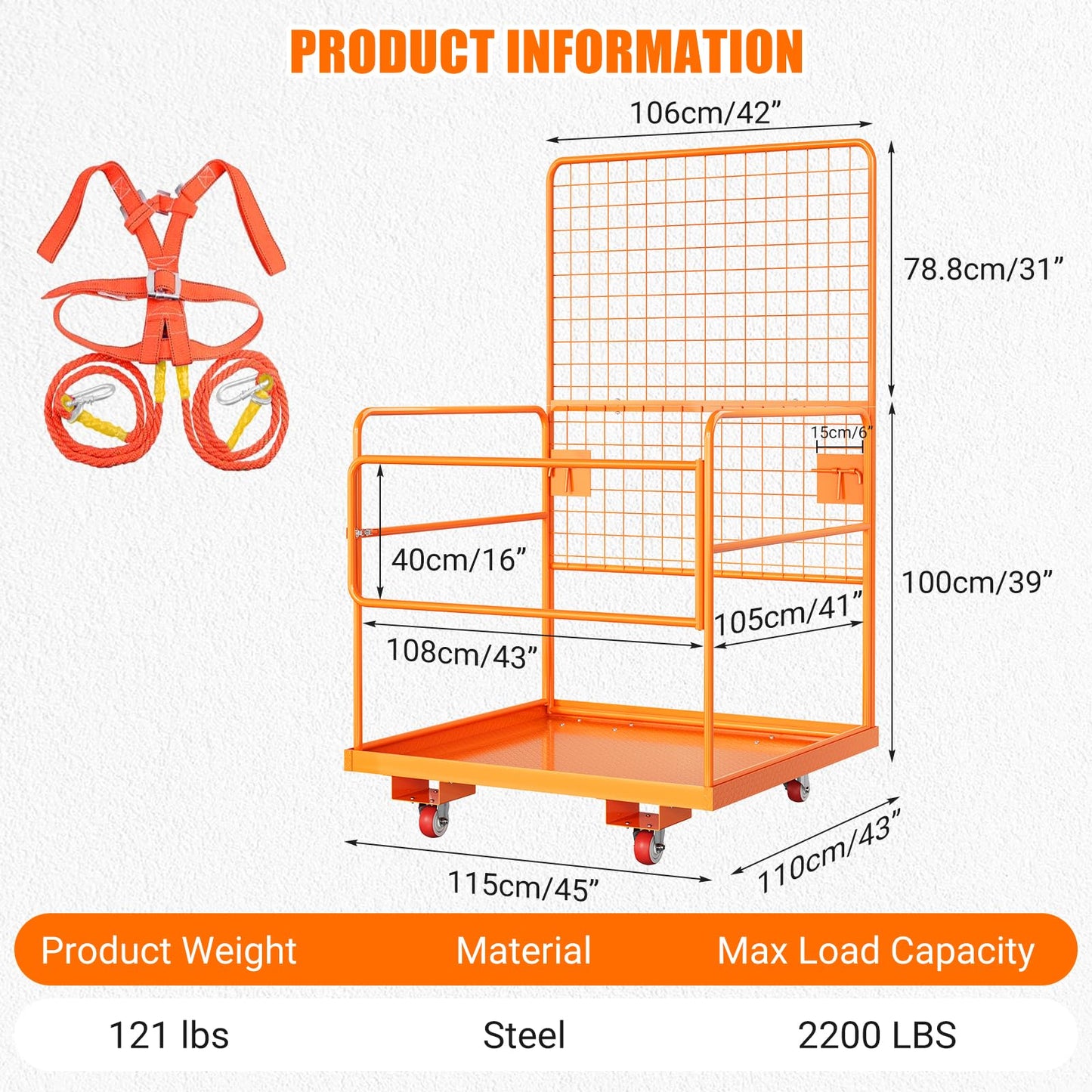45 in x 43 in Forklift Cage, Max. 2200 LBS Forklift Man Basket with Harness & Wheels, Foldable Work Platform, Lift Basket Aerial Rails for Lifting Loader