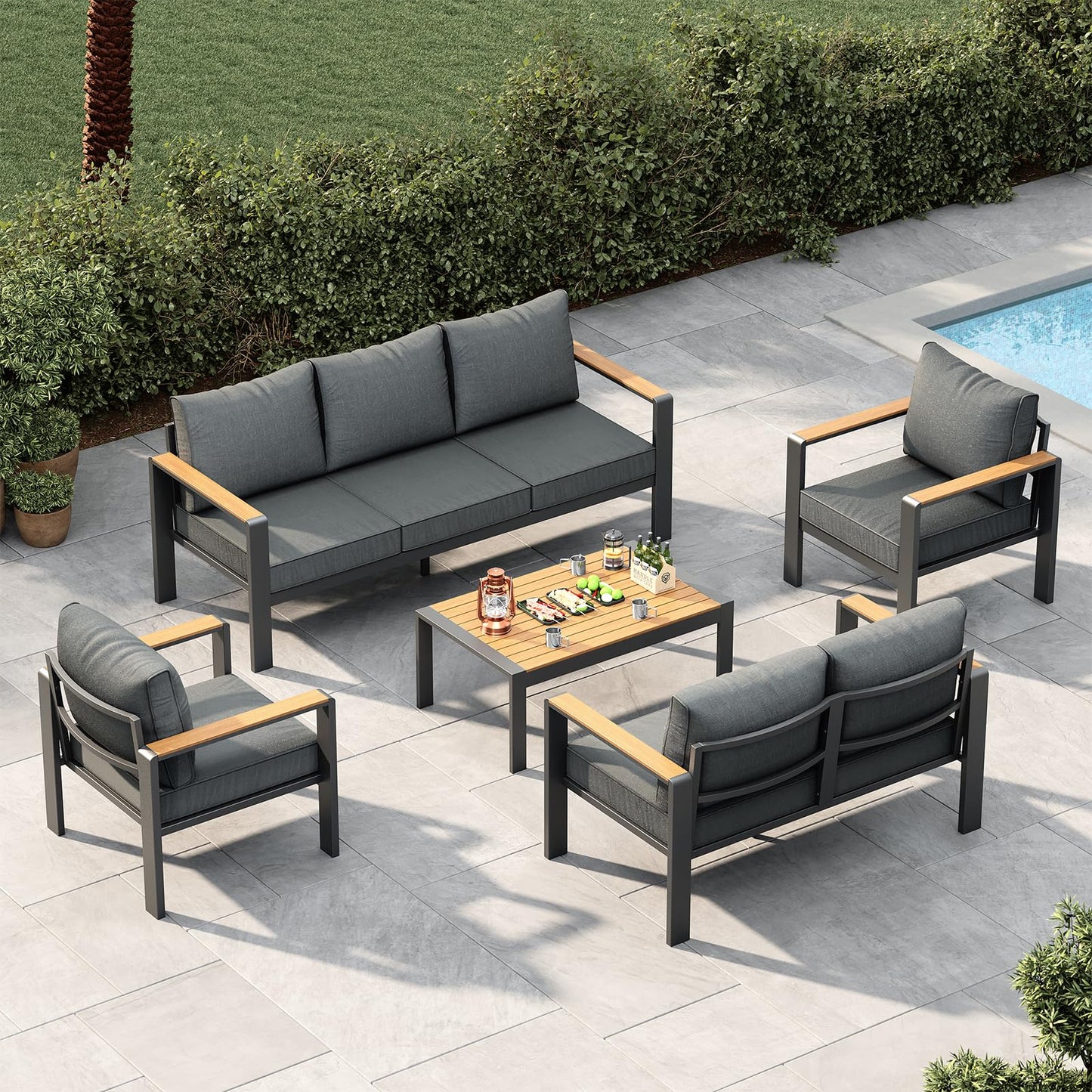 Garvee Aluminum Patio Furniture Set 7 Seats, Generous Outdoor Sectional with Washable Thick Cushions and Coffee Table, Patio Conversation Sets for Porch, Balcony, Deck, Yard