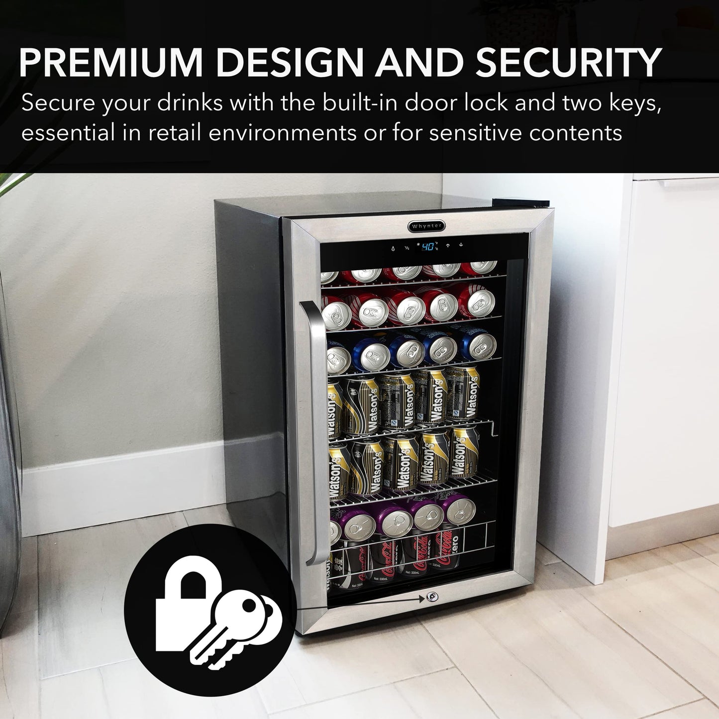 Whynter Beverage Refrigerator with Double-Layer Glass Door, 136-Can 3.4 Cu. Ft. Drink Mini Fridge with Lock & Digital Control, BR-1211DS, Stainless Steel