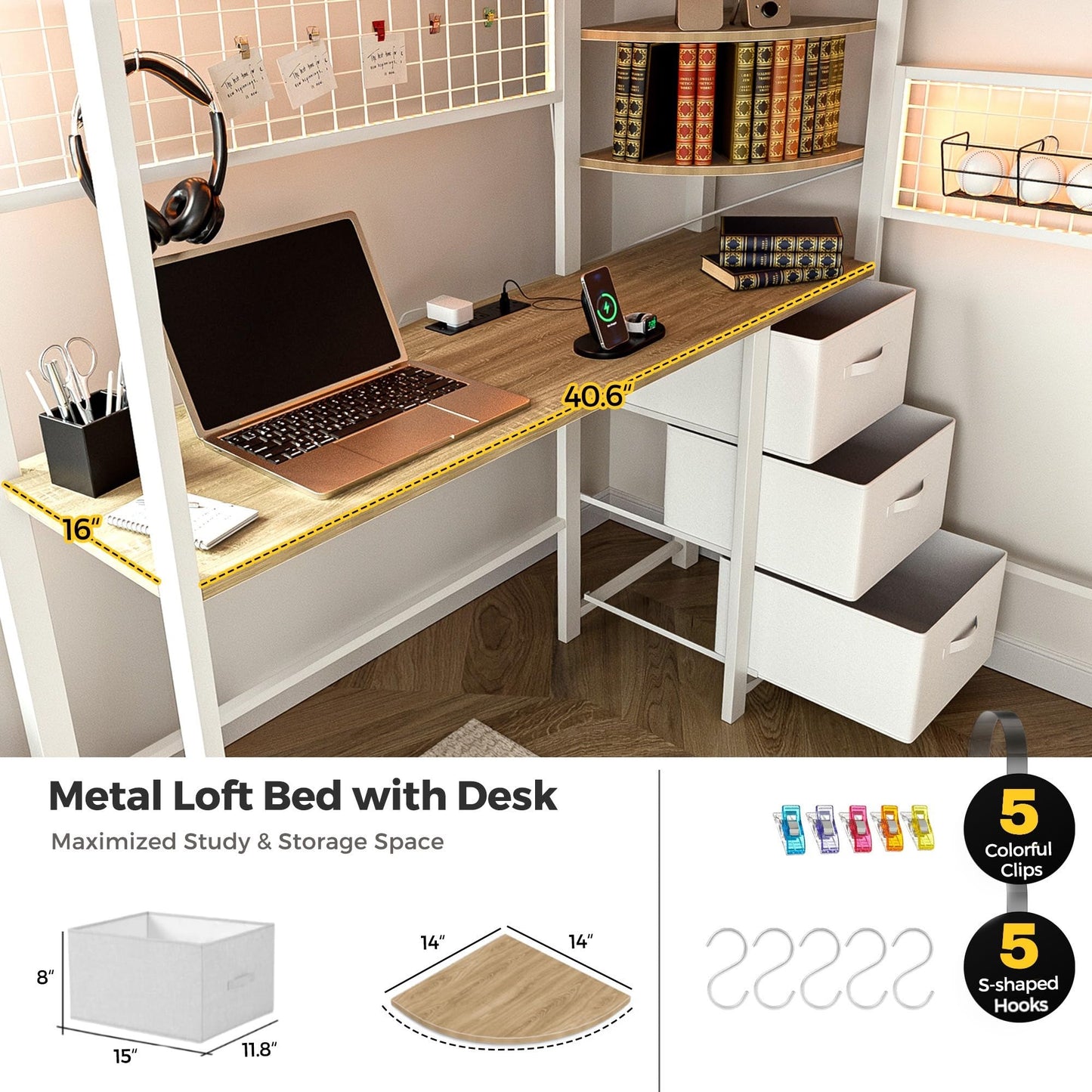 advwin Twin Size Loft Bed with Desk and Stairs, Storage Drawers and Shelves, Charging Station, LED Light, Safety Guardrail & Ladders, Metal Loft Bed Frame Gaming Bed for Adult, Space-Saving, White