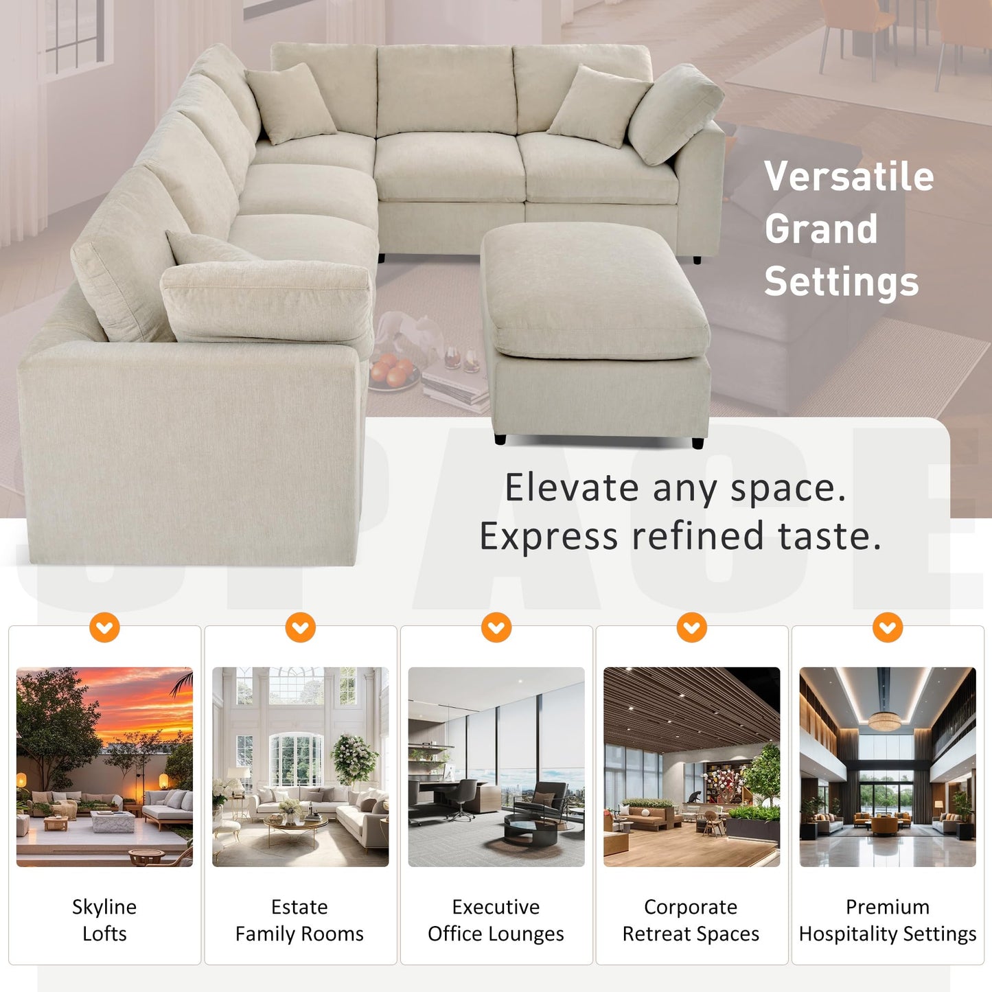 124.8" W Large Modular Sectional Sofa L Shaped Modern Couch with Ottoman, Deep Seat and Wide Chaise for Living Room, Beige