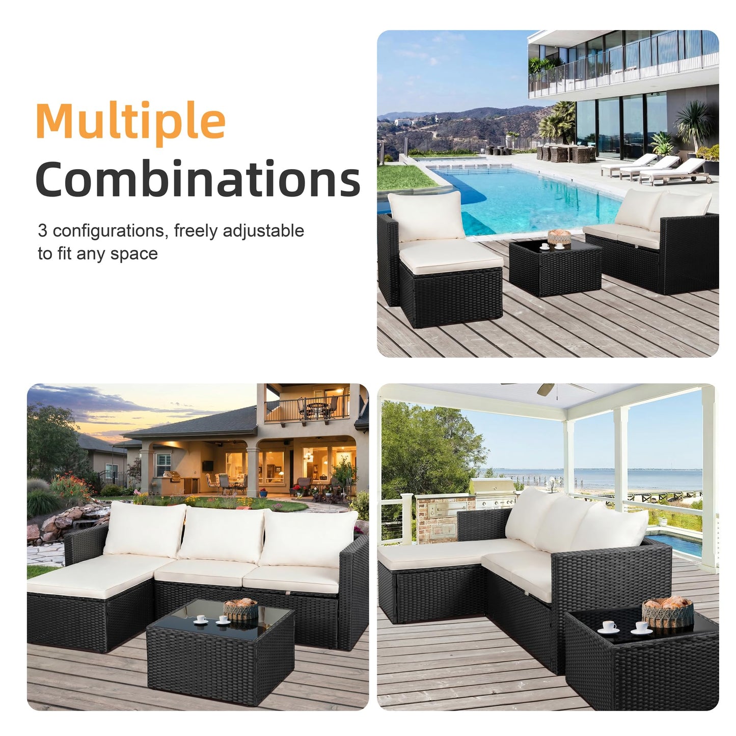 Shintenchi 4 Pieces Patio Furniture Set, 2-in-1 Convertible Sectional Sofa & Chaise Lounge, All-Weather Wicker Rattan Sofa Couch with Cushions & Coffee Table for Yard, Garden, Porch, Poolside (Beige)