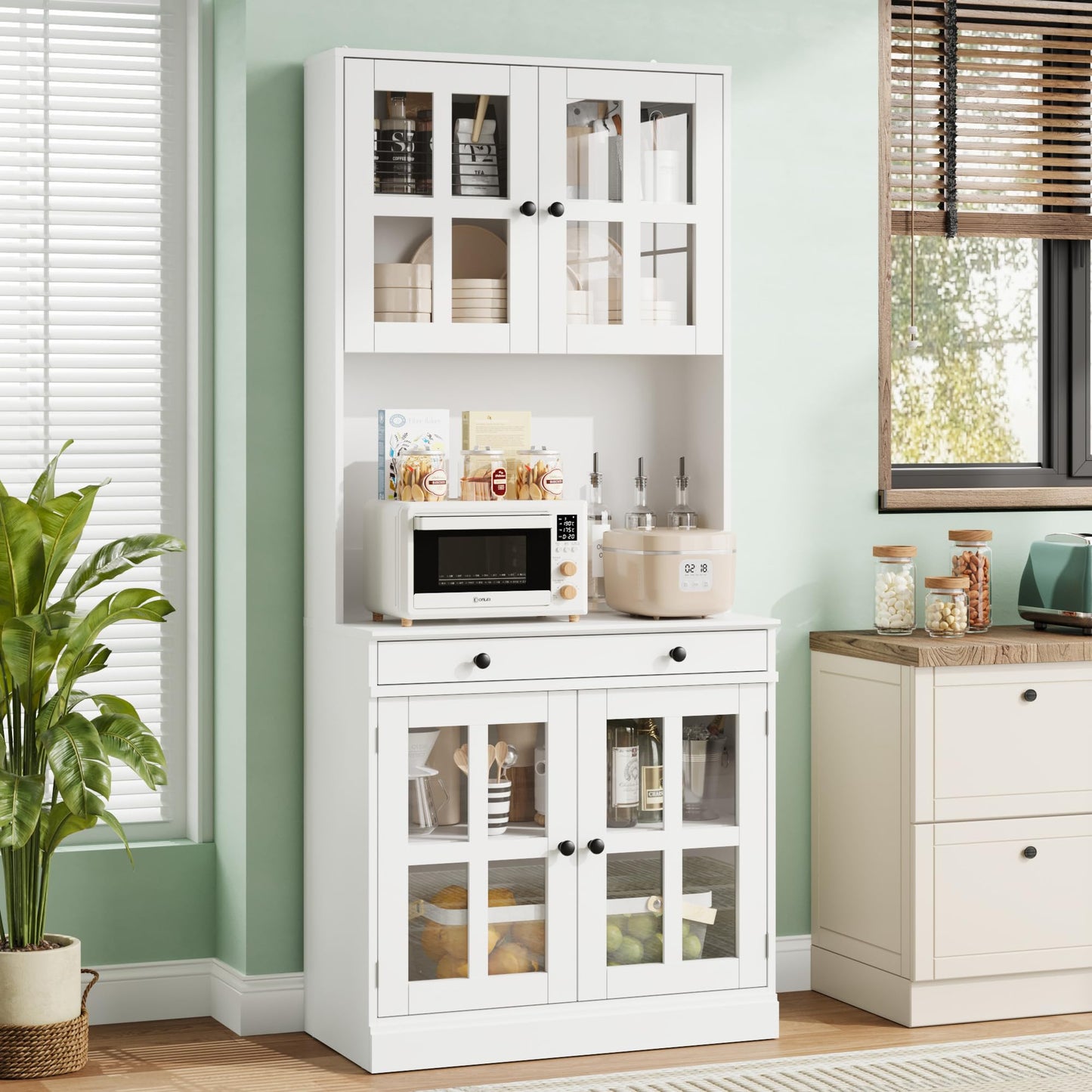 Garvee 72 Inch Kitchen Pantry Cabinet with Glass Doors, Drawer and Adjustable Shelves, Farmhouse Tall Storage Cabinet with Open Countertop, Coffee Bar Cabinet for Coffee Corner, White