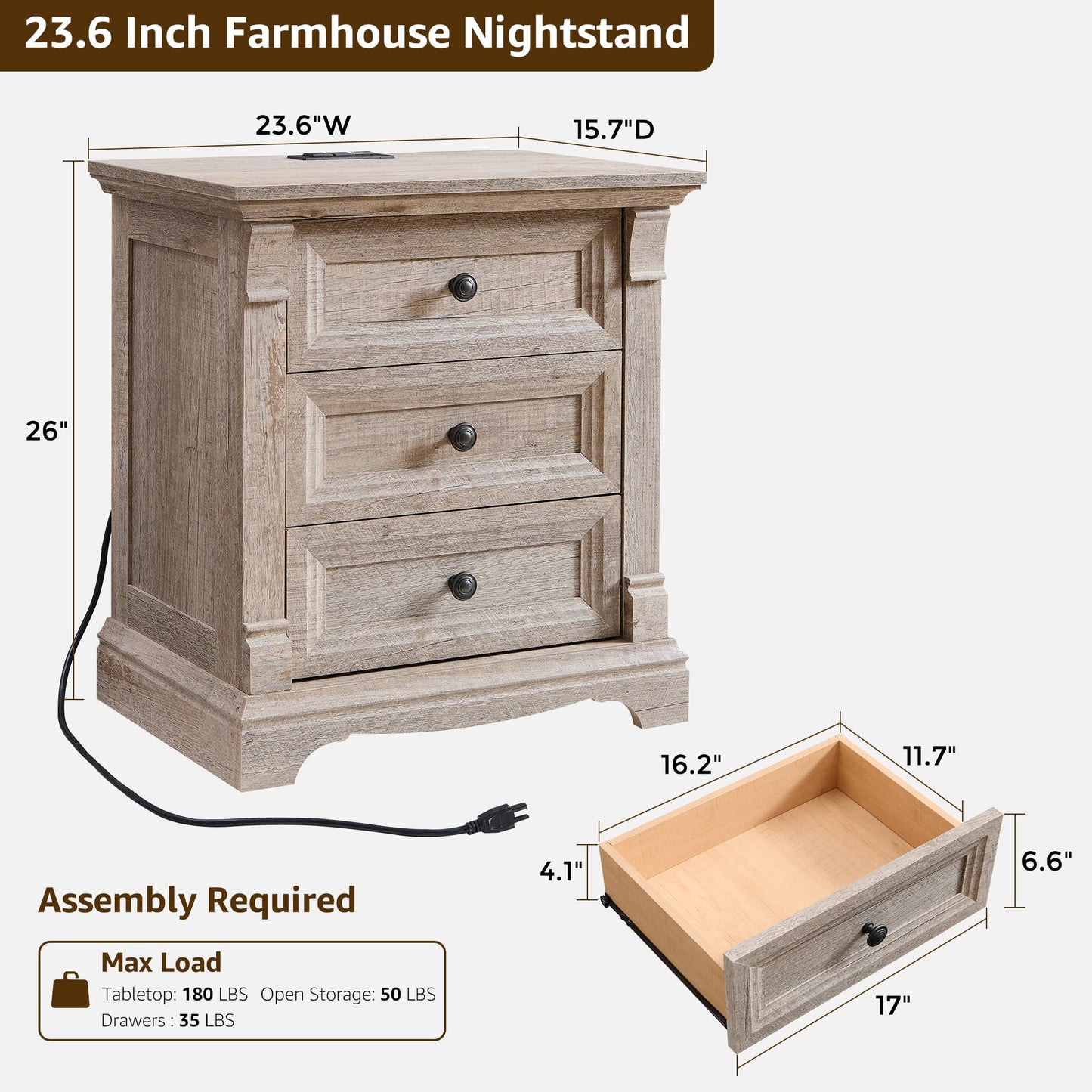 T4TREAM Farmhouse 24" Wide Nightstand with Charging Station, 26" Tall End Table with 3 Drawers Storage, Wood Side Table w/Roman Column, Bedside Cabinet for Bedroom, Living Room, Light Rustic Oak
