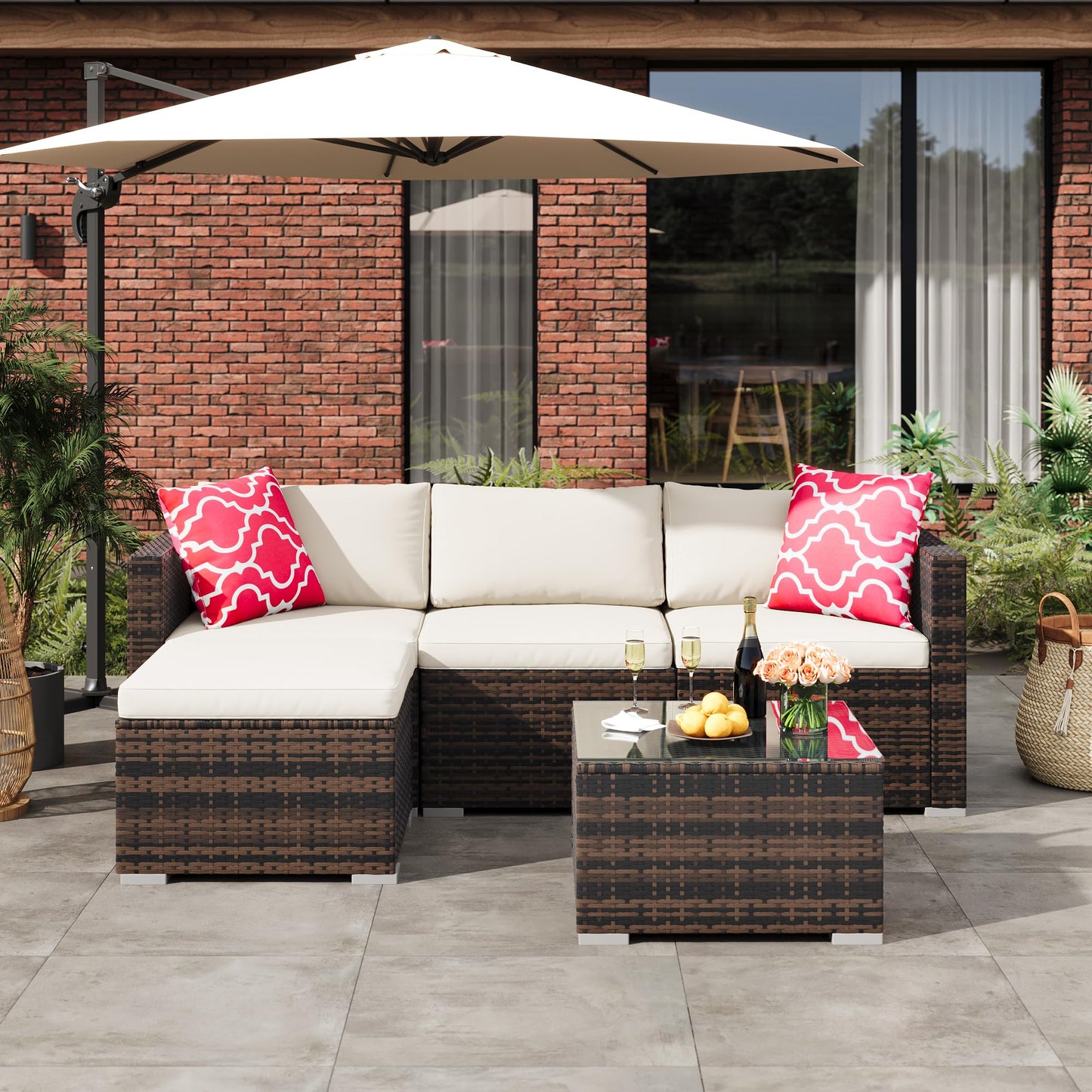 GAOMON 5-Piece All-Weather Patio Furniture Set, Convertible Outdoor Sectional Sofa with Ottoman & Tempered Glass Table, PE Rattan Conversation Set for Garden, Backyard, Porch, Poolside