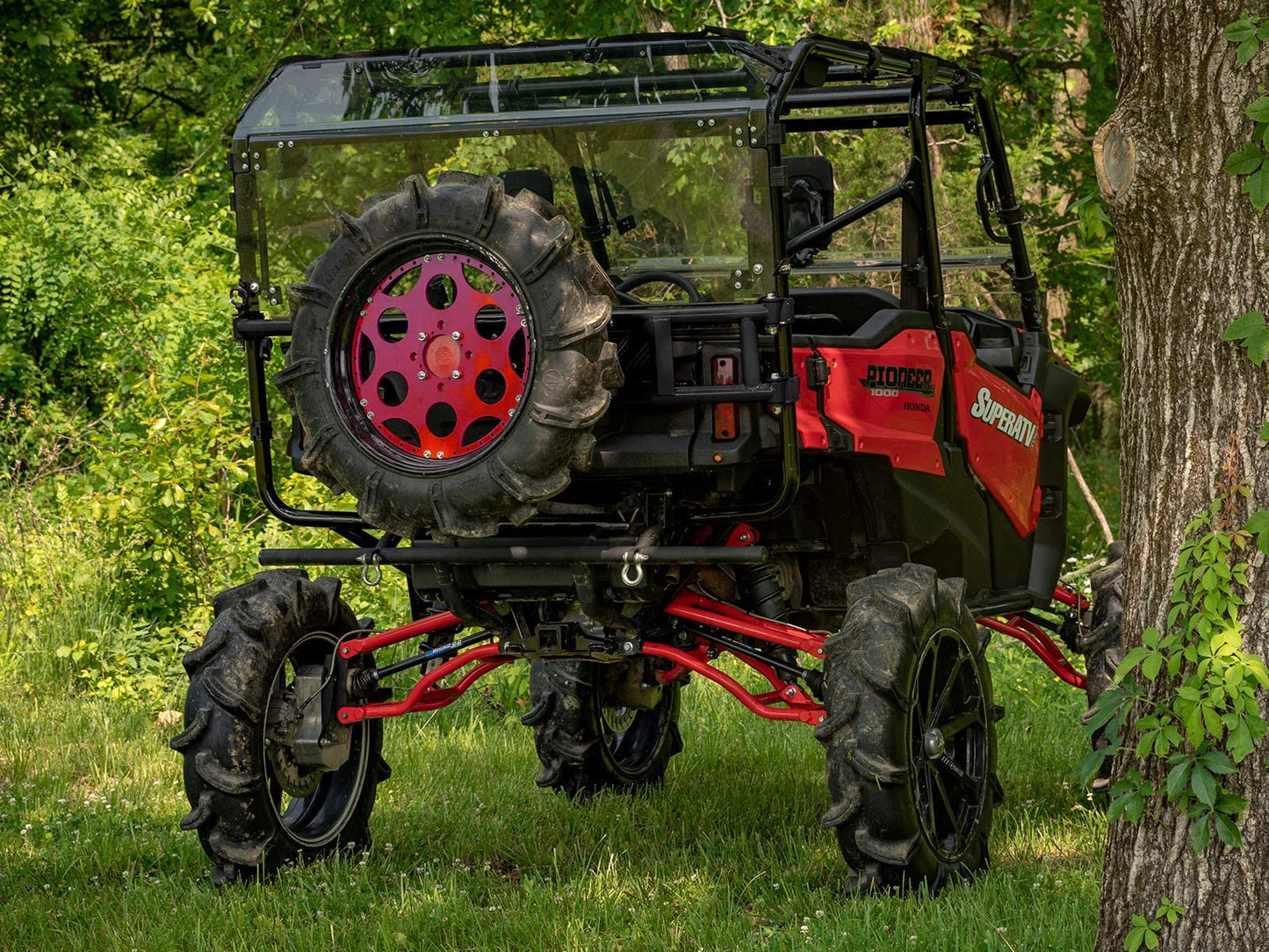 SuperATV UTV Spare Tire Carrier Compatible with 2016+ Honda Pioneer 1000-5/1000-5 Deluxe, 2017+ 1000-5 Limited Edition, No Drilling or Welding, Tires (up to 70 pounds), See Fitment, USA Made