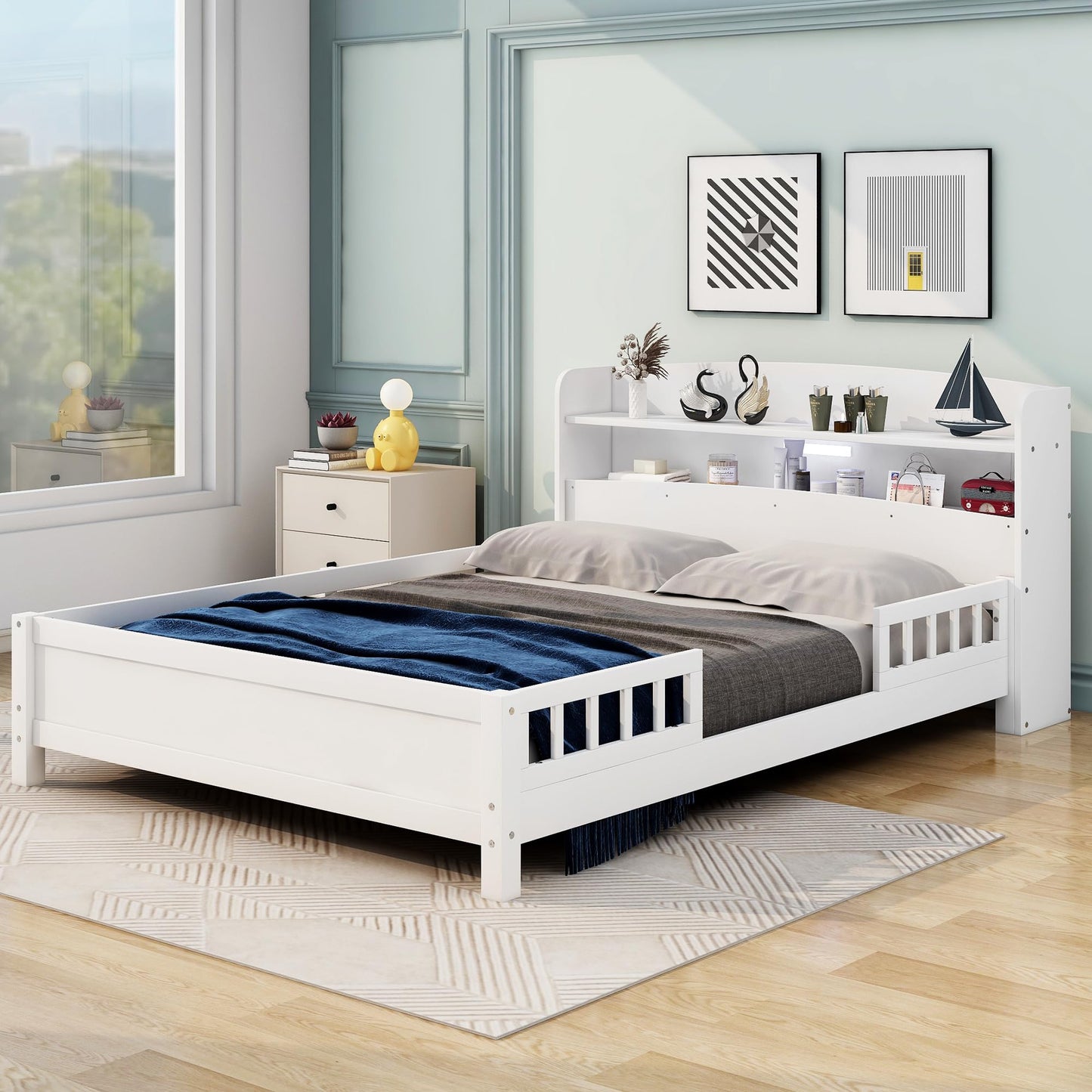 Merax Full Size Bed Platform Frame, Solid Wood Full White Bed Frame with Storage Headboard, Built-in Light and Safety Guardrail, No Box Spring Needed, Easy Assembly, Noise-Free