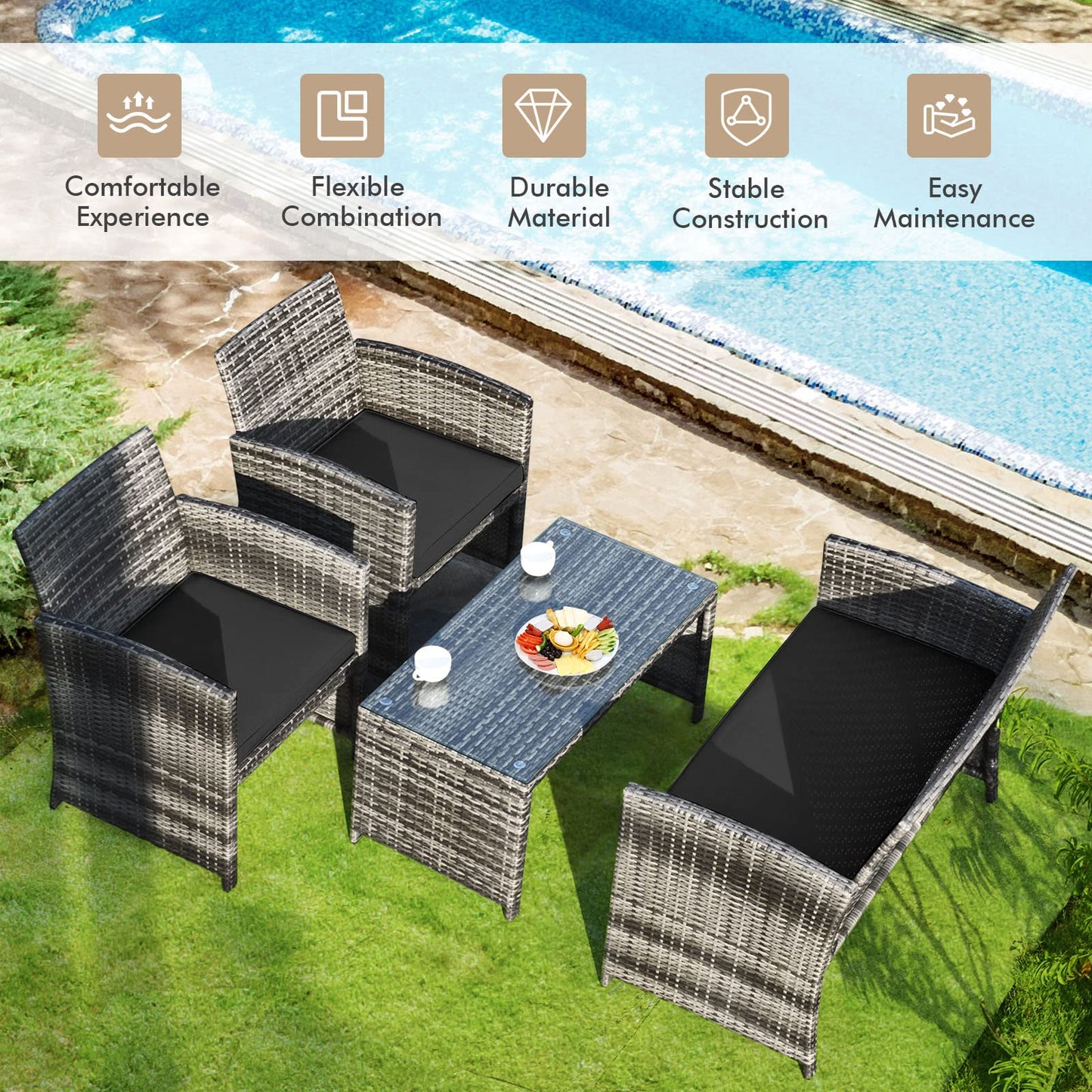 Giantex 4 Pc Patio Conversation Set, Rattan Loveseat & Patio Chairs with Cushioned Seat, Wicker Coffee Table, Outdoor Furniture Set for Front Porch Poolside Garden Lawn