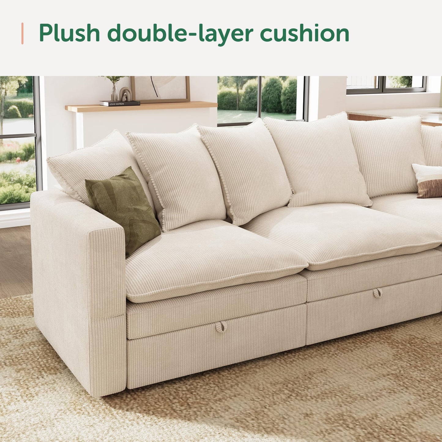 HONBAY Modular Sectional Sleeper Sofa, Corduroy 6 Seater Couch with Storage, Sectional Sleeper Couches for Living Room, Beige