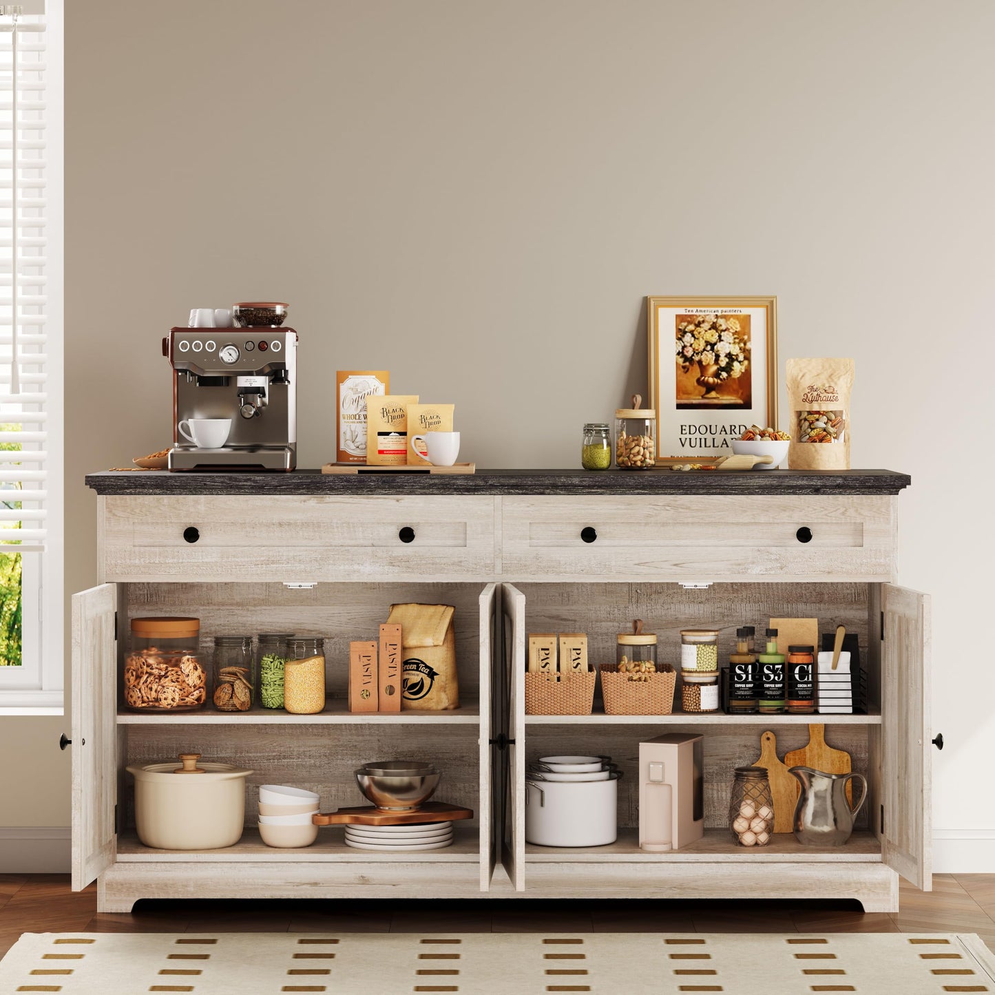 IRONCK Buffet Cabinet with Storage, Sideboard Storage Cabinet with Drawers, Coffee Bar Cabinet, Kitchen Cabinet with Doors, Charcoal Grey and Beige Maple