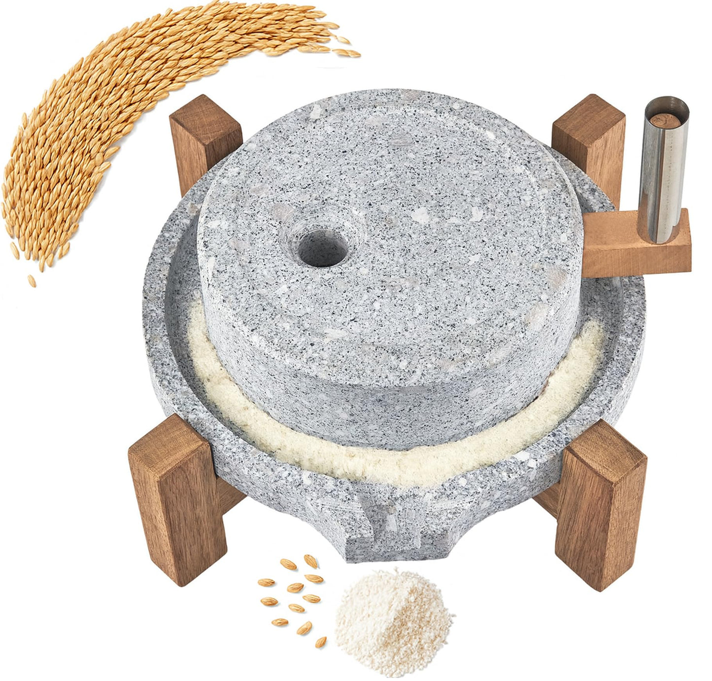 Stone Grain Mill - Manual Flour Mill with Stable Wood Base, Natural Granite Stone Grinder Mill for Dry & Wet Use, Home Kitchen Tool (9.8 x 13.8 inch)