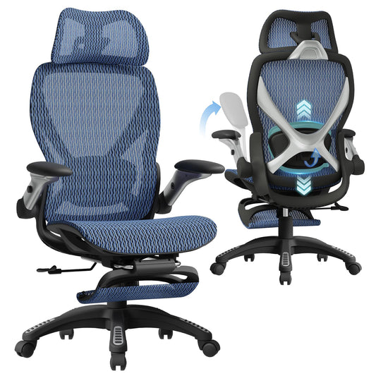 ELABEST X100 Ergonomic Office Chair with Footrest, Big and Tall Home Desk Chair with 5D Flip-Up Arms, Adjustable 3D Lumbar Support,High Back Rolling Computer Chair, Swivel Mesh Chairs (Oaxaca Blue)