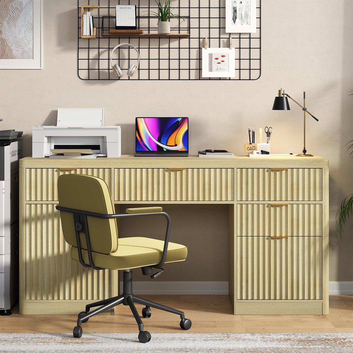 knoworld Fluted Executive Desk with Charging Station, 58" Wood Home Office Desk with 4 Drawers, 1 File Cabinet, 1 Storage Cabinet, Modern Writing Desk for Work, Living Room, Bedroom (Natural)