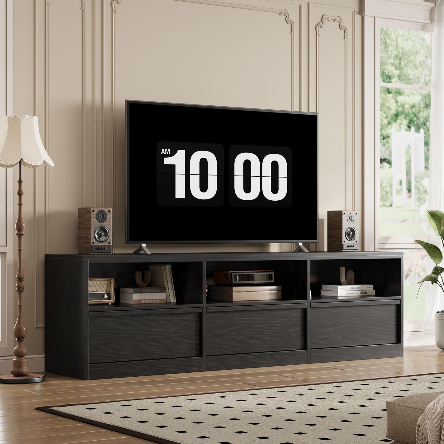 Garvee Mid Century Modern TV Stand for 65 70 75 in TVs, Industrial Entertainment Center with 3 Drawers & Open Shelves, Sturdy MDF for Living Room & Bedroom, Black