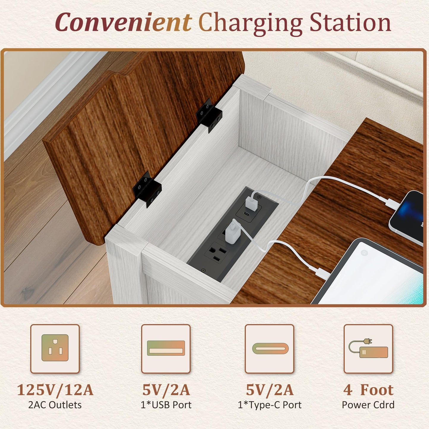 Alohappy End Table Set of 2 with Charging Station, Narrow Side Table with Hidden Flip Top & Power Strip, Farmhouse Nightstand with Drawer and Storage Cabinet for Living Room, Bedroom (2, White)