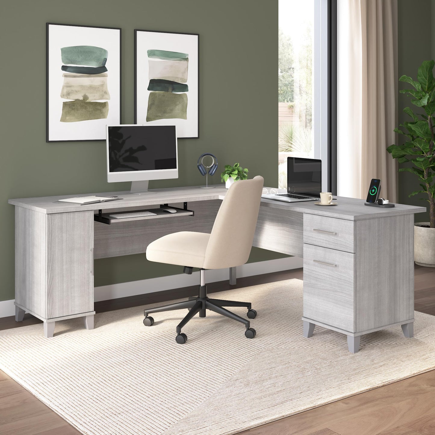 Bush Home 72-Inch L-Shaped Desk with Storage, Corner Computer Office Desk with File and Box Drawers, Home Office Workstation with Storage Cabinet, Somerset Collection, Platinum Gray