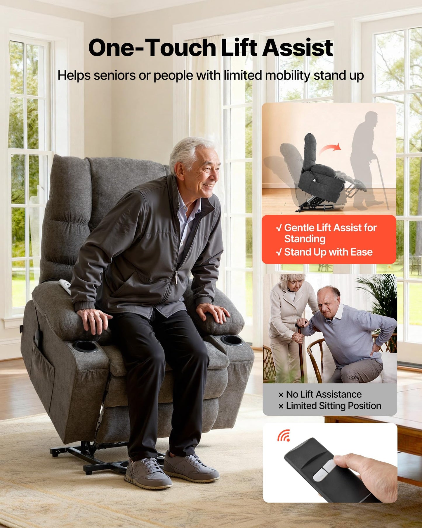 VEVOR Large Power Lift Recliner Chairs, Lift Chair with Heat and Massage for Elderly, Position Adjustable, with Side Pockets, Cup Holders and USB Port, Chenille Fabric, Dark Gray