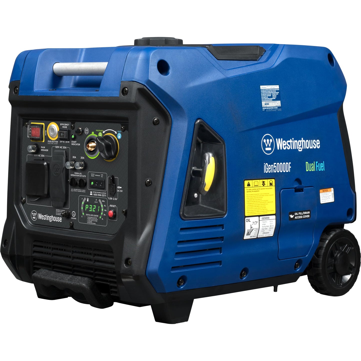 Westinghouse 5000 Peak Watt Super Quiet Dual Fuel Portable Inverter Generator, Remote Electric Start, Gas & Propane Powered, RV Ready 30A Outlet, Parallel Capable, Blue/Black