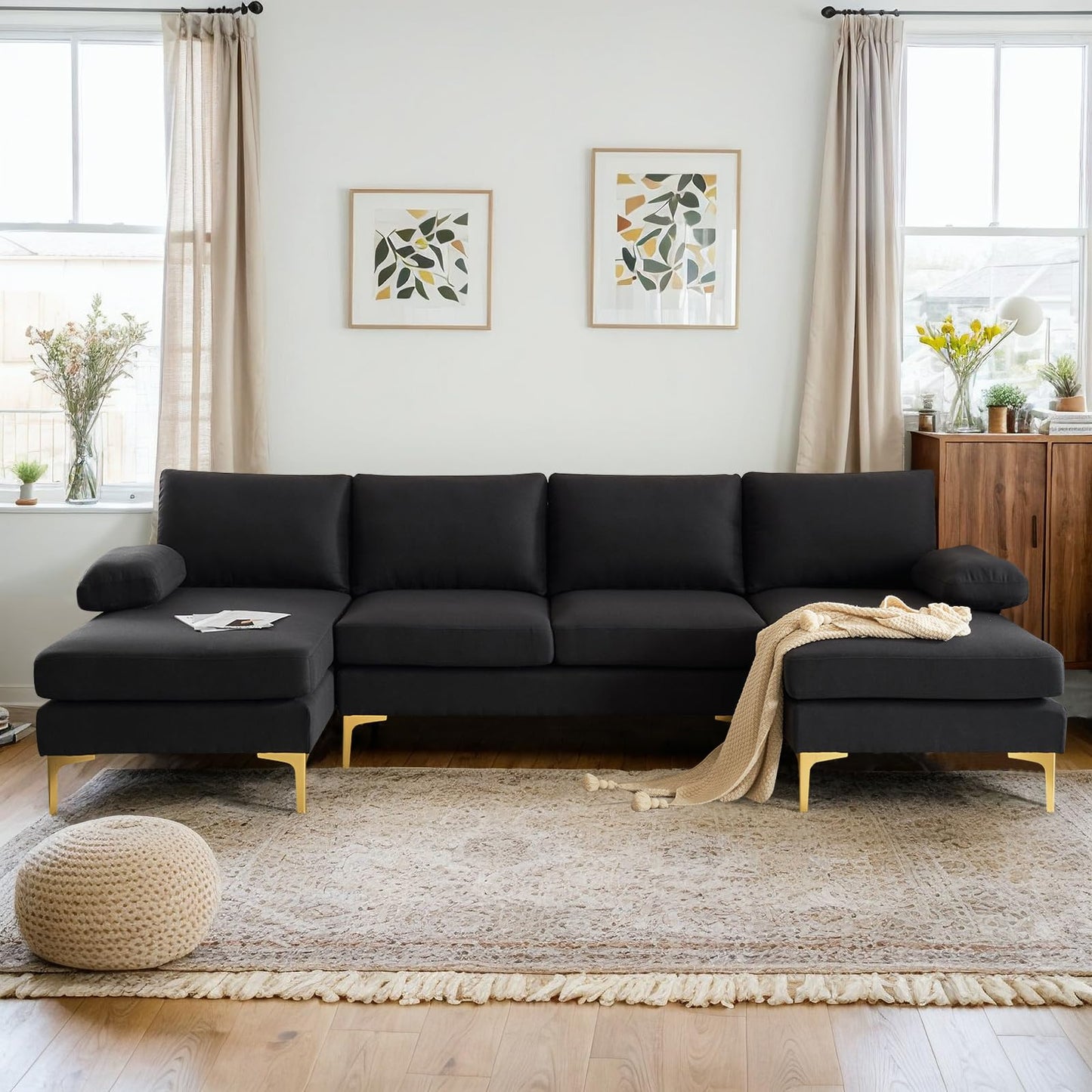 VINGLI 110" Modern Sectional Couch with 51" D Double Chaise, Black Deep Seat U Shaped Couch with Removable Pillows & Metal Legs, Comfy 4-Seat Sofas for Living Room, Linen Fabric