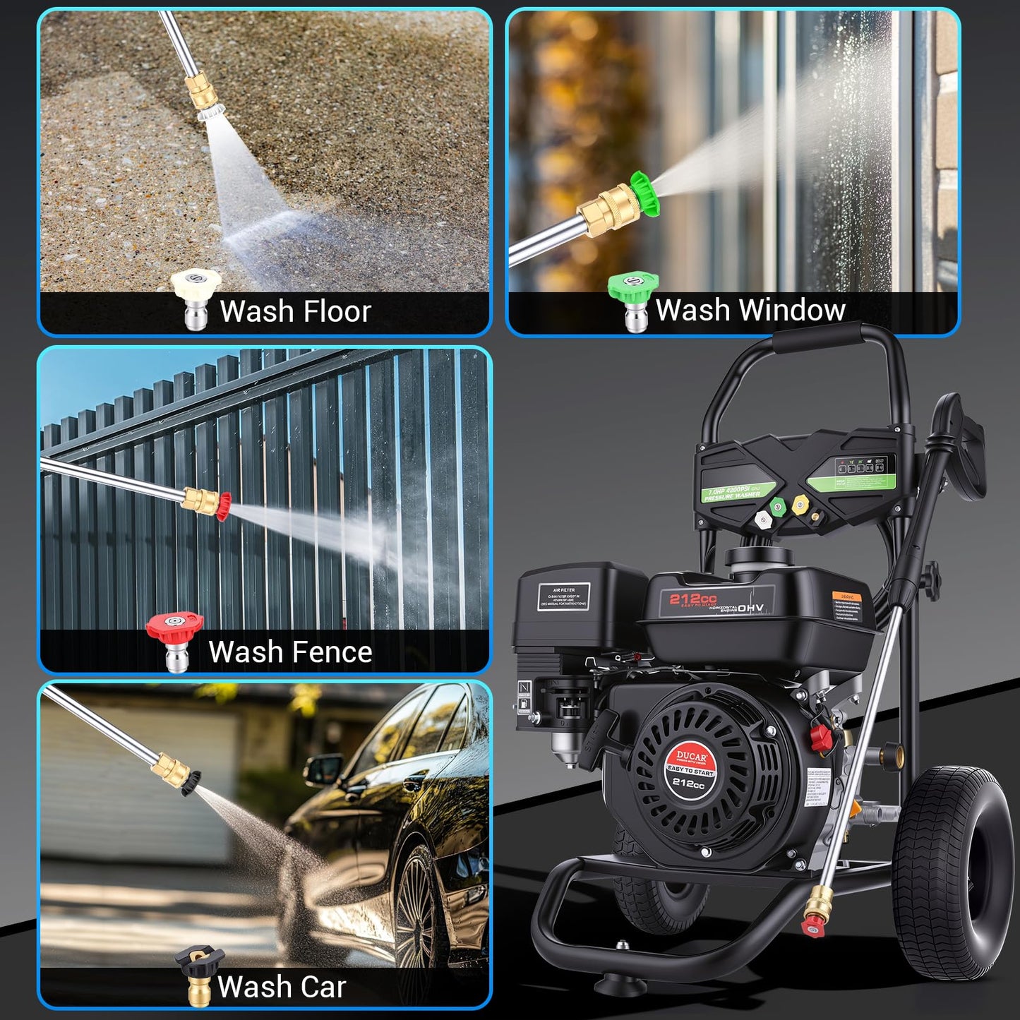 4200PSI Gas Pressure Washer 4.0GPM Gas Power Washer 212CC Gas Powered Washing Machine Commercial High Pressure Washer with 25ft Hose&5 Nozzles for Patio Garden Yard Vehicle,EPA/CARB/ETL (Black)