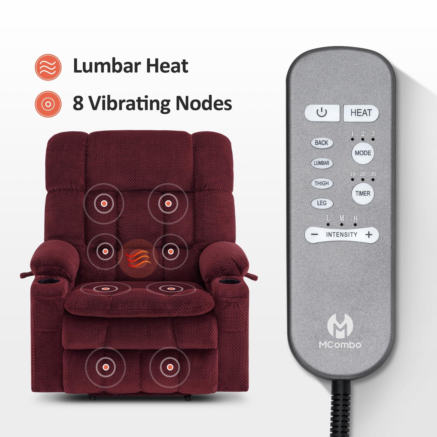 MCombo Oversized Power Lift Recliner Chair for Elderly, Dual Motor Lift Chair with Heat and Massage, Lay Flat Lift Chair for Big and Tall, Cup Holders, Fabric R7891 (Oversize, Burgundy)